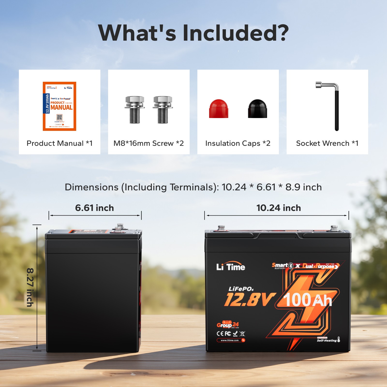 LiTime 12V 100Ah Group 24 Self-Heating Dual Use Marine Starting Lithium Battery