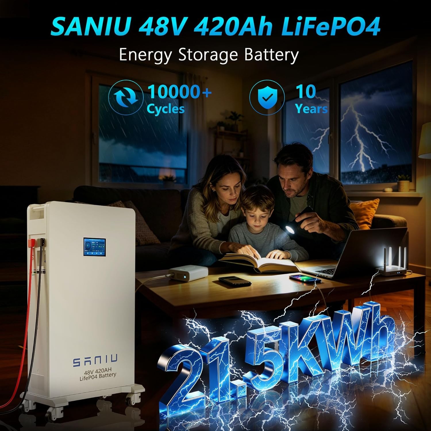 SANIU 21.5kWh/1Pack 48V 420AH LiFePO4 Battery Vertical Standing Solar Backup BMS