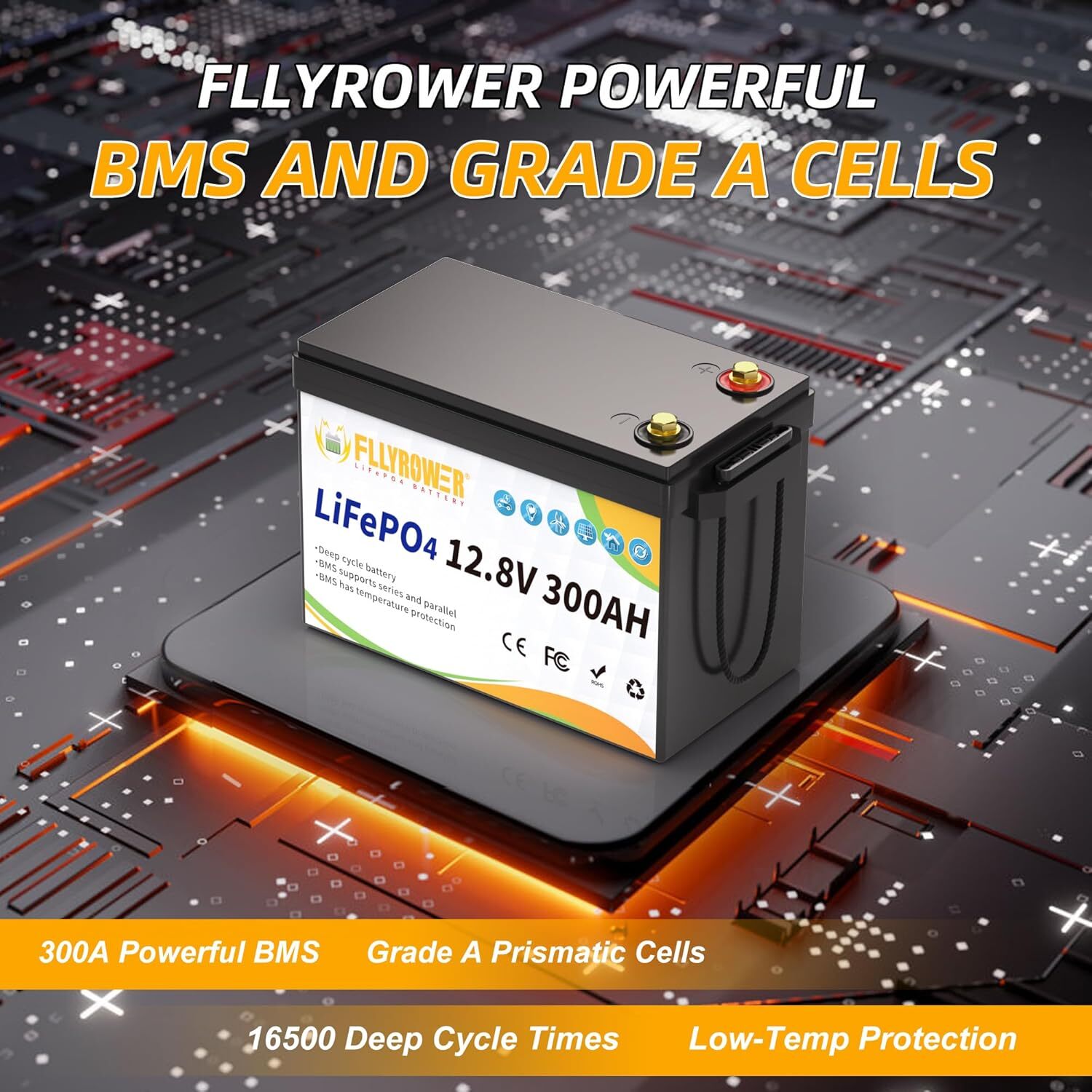 FLLYROWER 3840Wh 12V 300Ah LiFePO4 Lithium Battery 8000+ Deep Cycle For RV Home