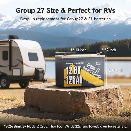 Power Queen 12V 125Ah Group 27 Bluetooth LiFePO4 Lithium Battery for RV Marine