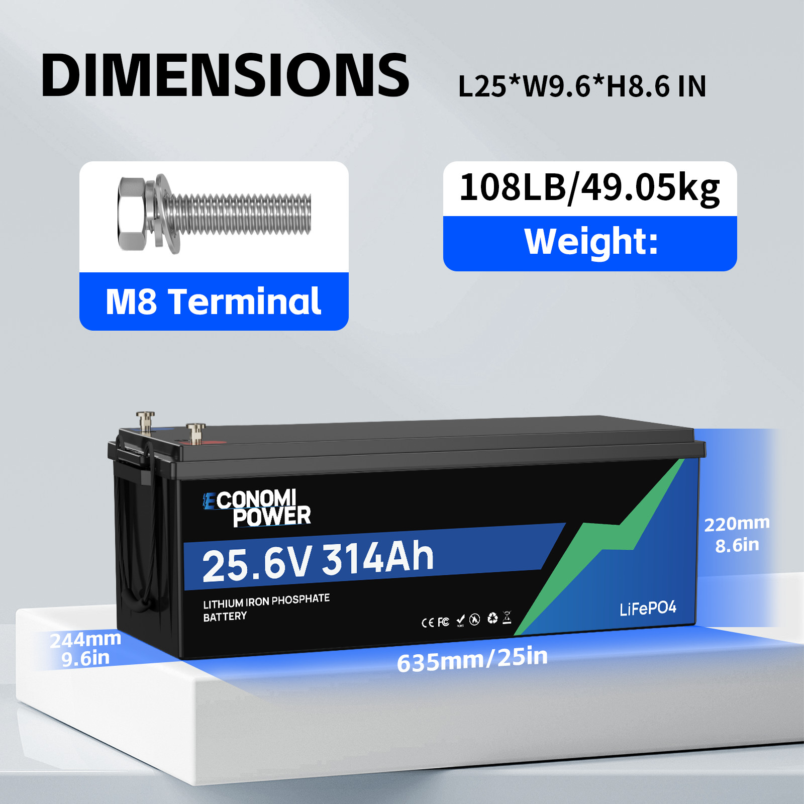 24V 314Ah LiFePO4 Deep Cycle Battery 8038Wh 200A BMS Bluetooth Solar RV Off-Grid
