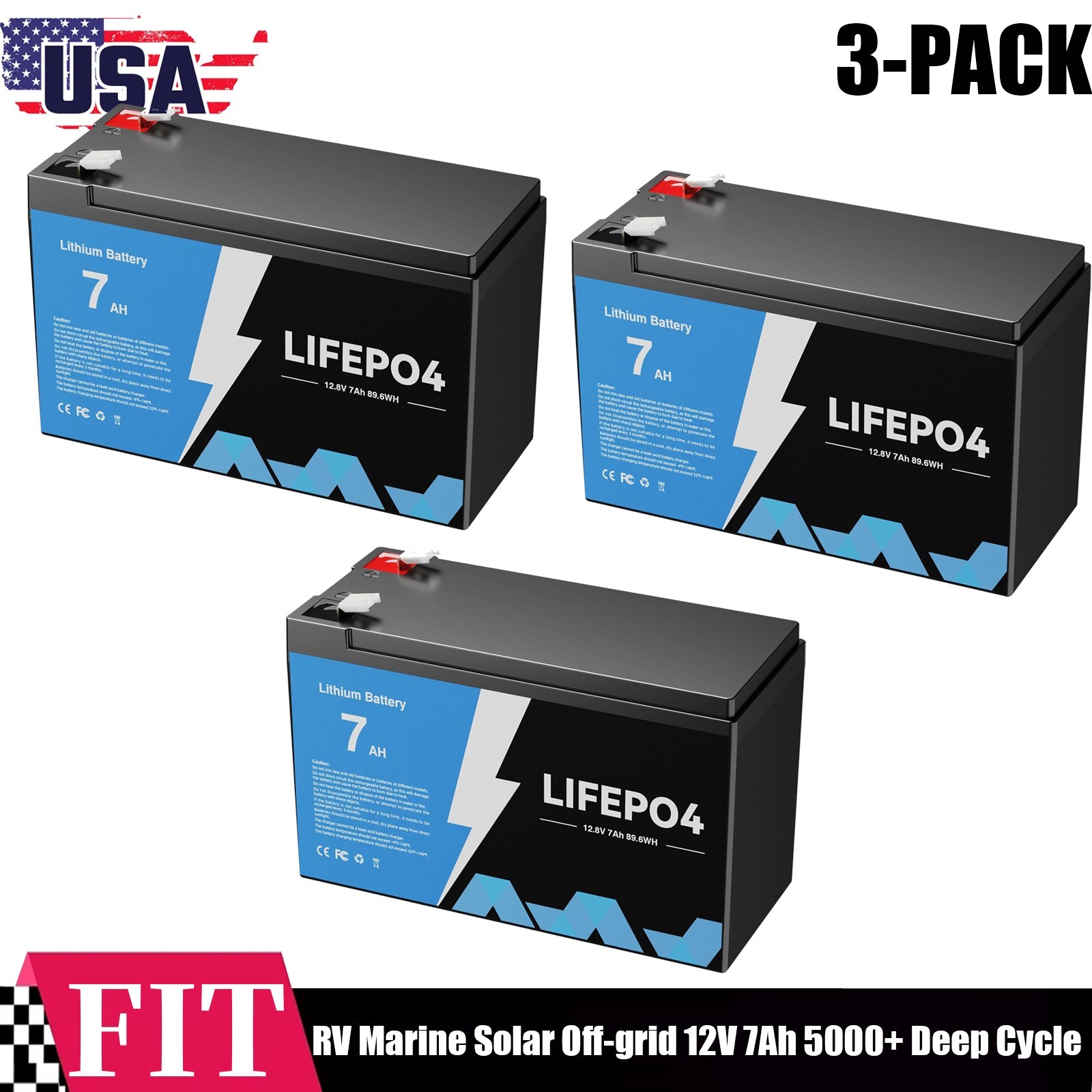 3-PACK 12V 7AH LiFePO4 Lithium Battery BMS Deep Cycle For RV Solar Panel Marine