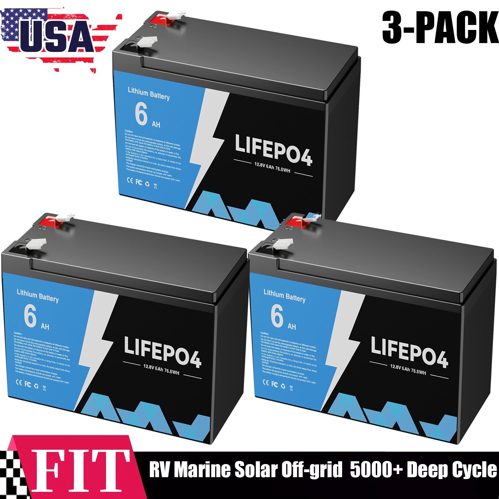 3-PACK 12V 6Ah LiFePO4 Battery BMS Deep Cycle For RV Solar Energy Off Grid New