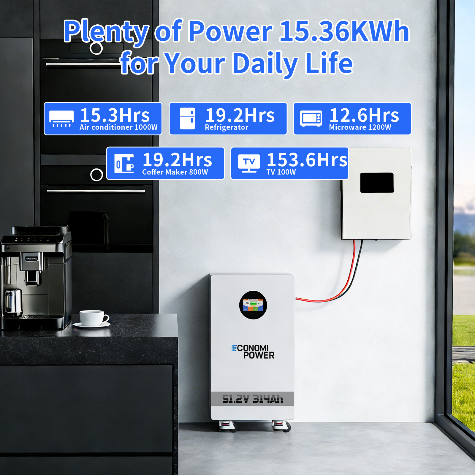15.36kWh 51.2V 48V 300Ah LiFePO4 Lithium Battery BMS, Home Solar Energy Storage