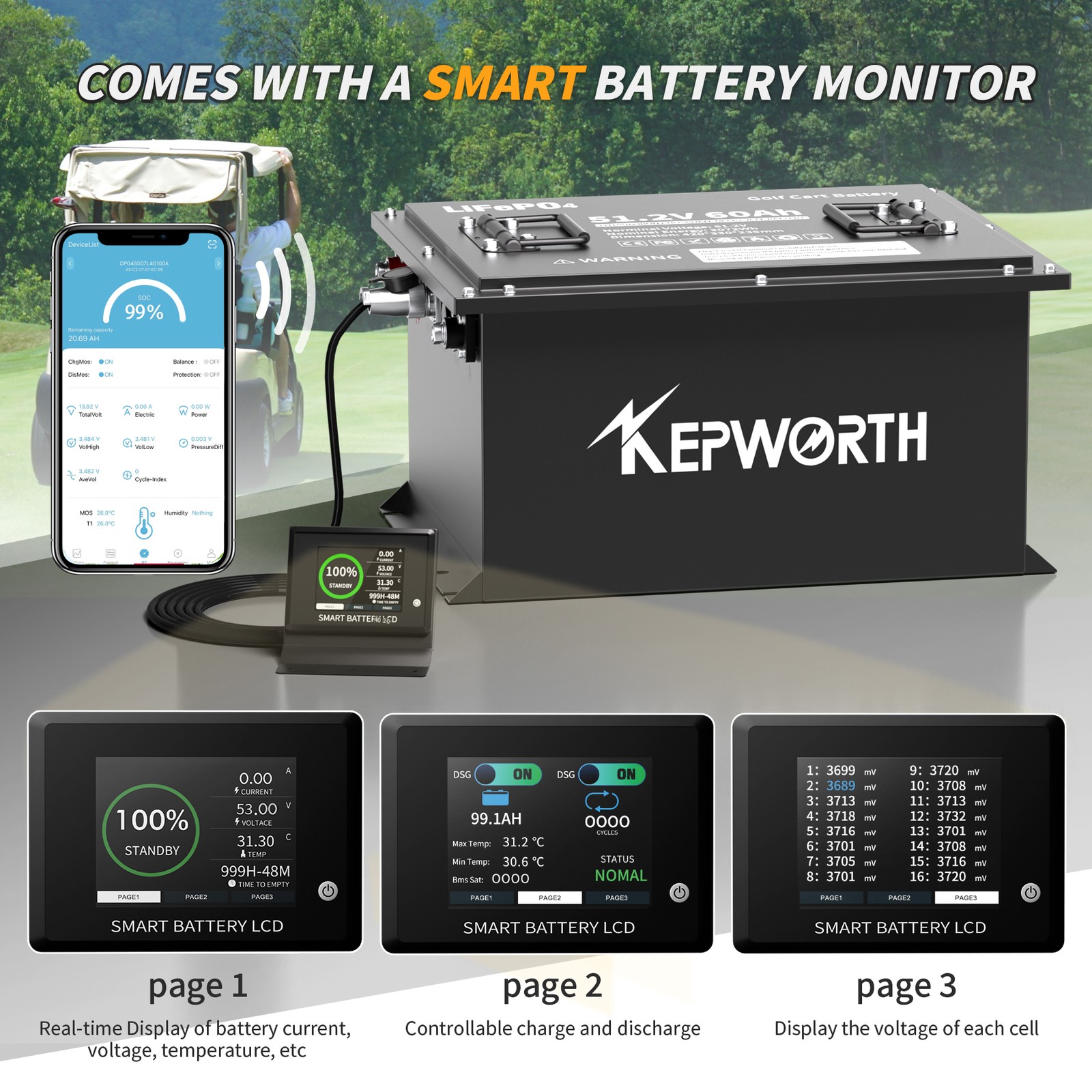 48V 60Ah LiFePO4 Bluetooth Lithium Battery Charger Golf Cart Sloar Van Off-Grid
