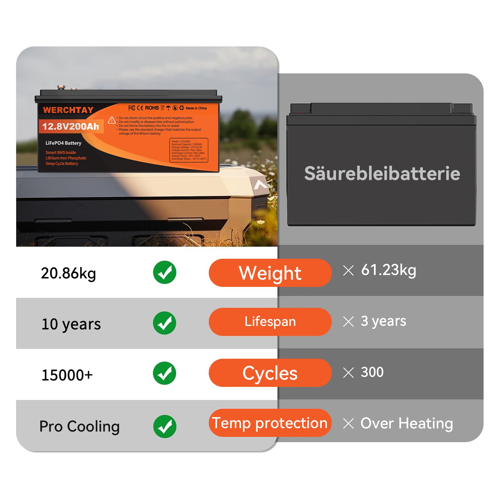 12V 200Ah LiFePO4 Lithium Battery Deep Cycle Built-in BMS for Solar RV Off-Grid
