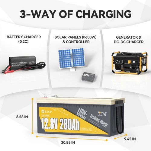 Refurbished Power Queen 12.8V 280Ah Low-Temp LiFePO4 Lithium Battery Deep Cycle