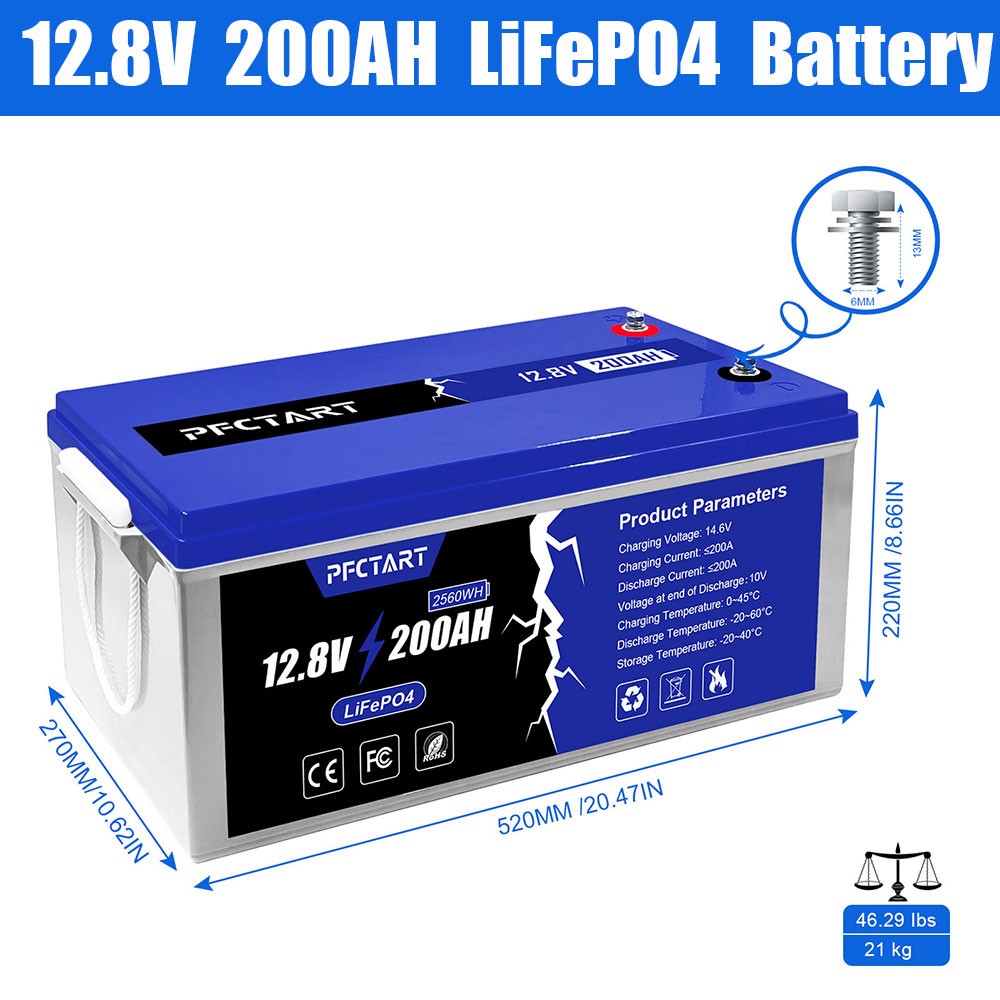 12V 200Ah LiFePO4 Deep Cycle Lithium Battery 2560WH 100A BMS for Solar Off-grid