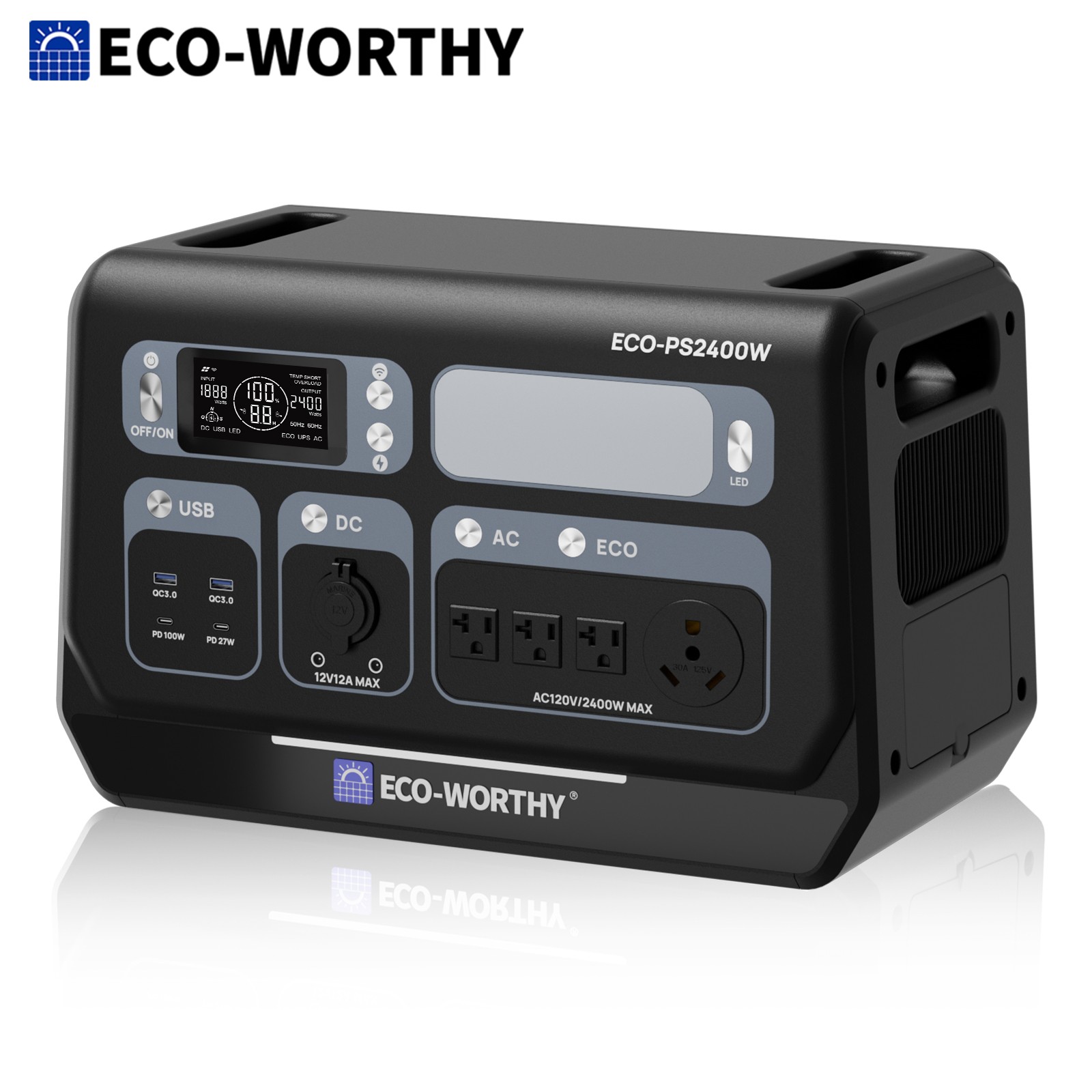 ECO-WORTHY 2400W Power Station 1.2h fast charge 10+ ports UPS WiFi Bluetooth