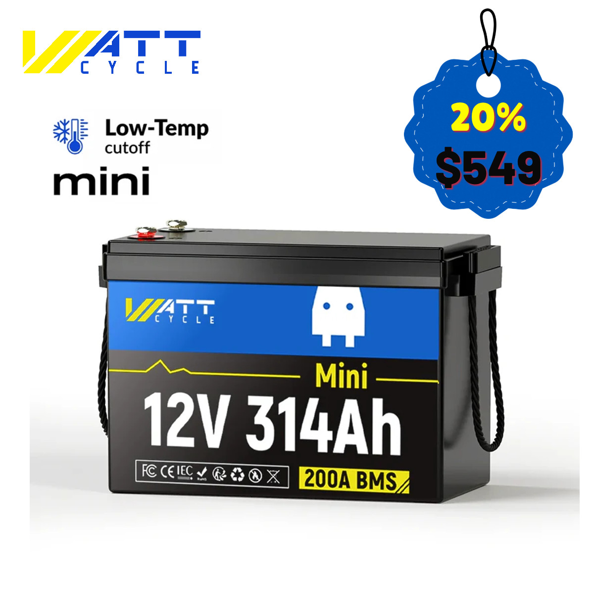 WattCycle 314Ah 12V 300Ah LiFePO4 Lithium Battery 4019Wh 200A BMS Deep Cycle RV