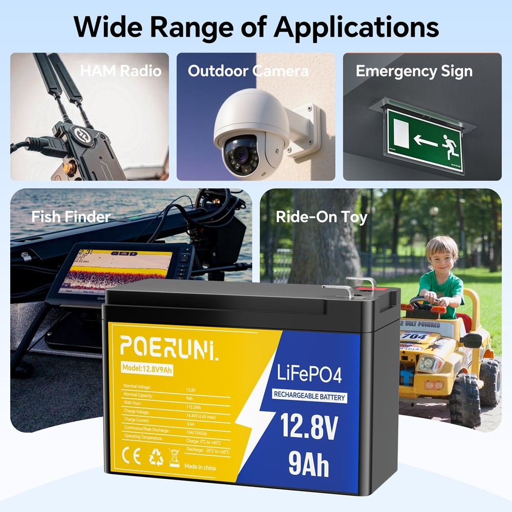 POERUNI 12V 9Ah LiFePO4 Battery 2000 Deep Cycle Lithium Battery BMS for Solar