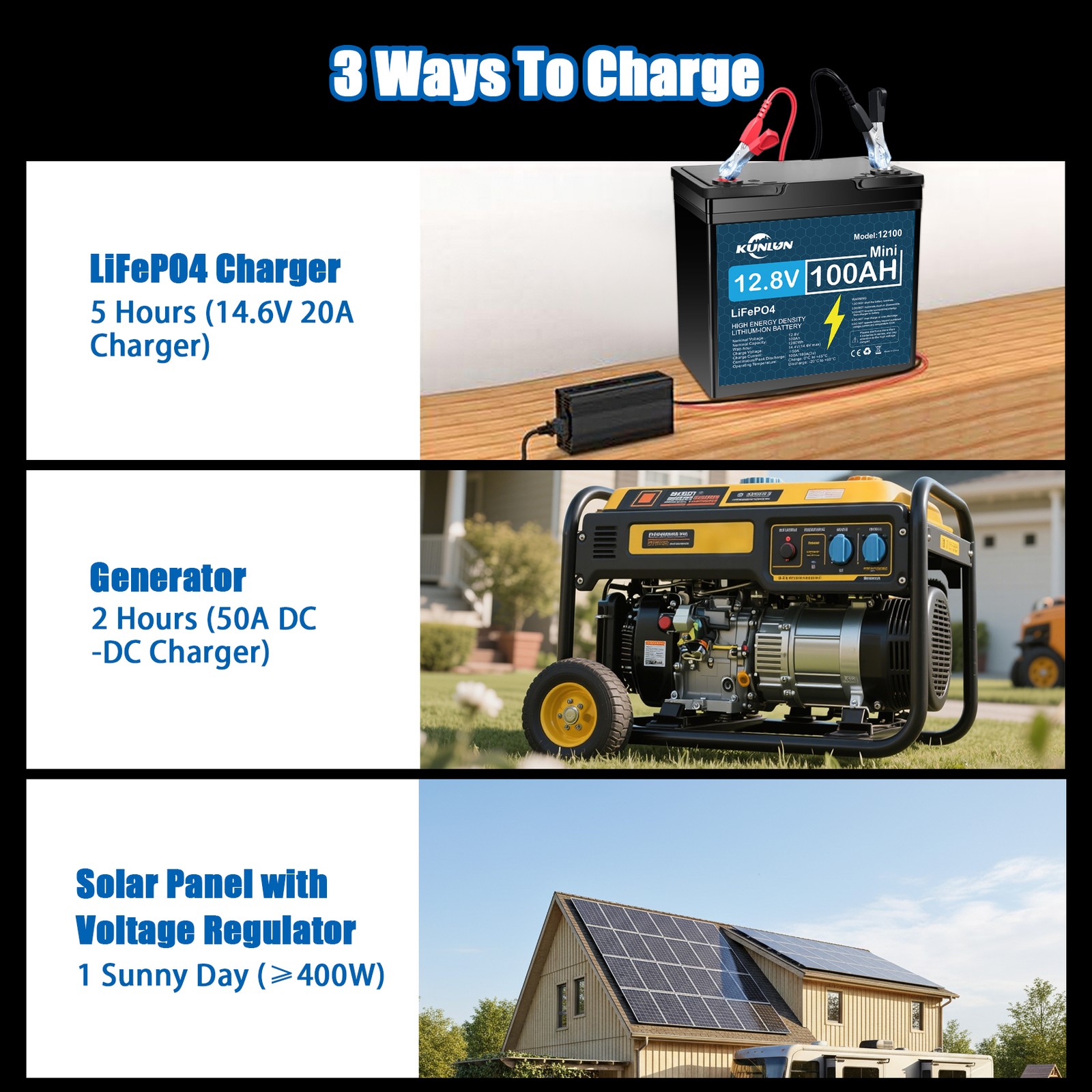 12V 100Ah LiFePO4 Lithium Battery Deep Cycle BMS For RVs Solar Off-grid+Charge