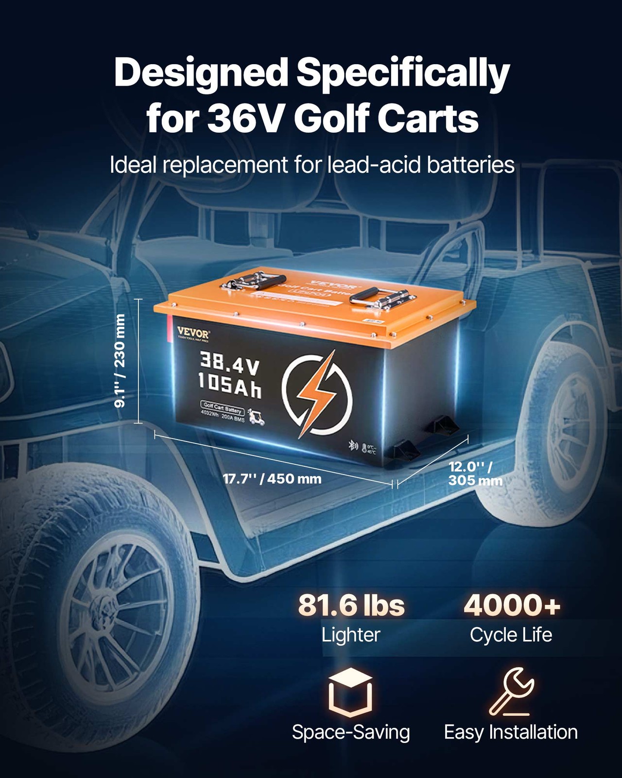 VEVOR 36V 105Ah Golf Cart Lithium Battery with 20A Charger and Touch Monitor