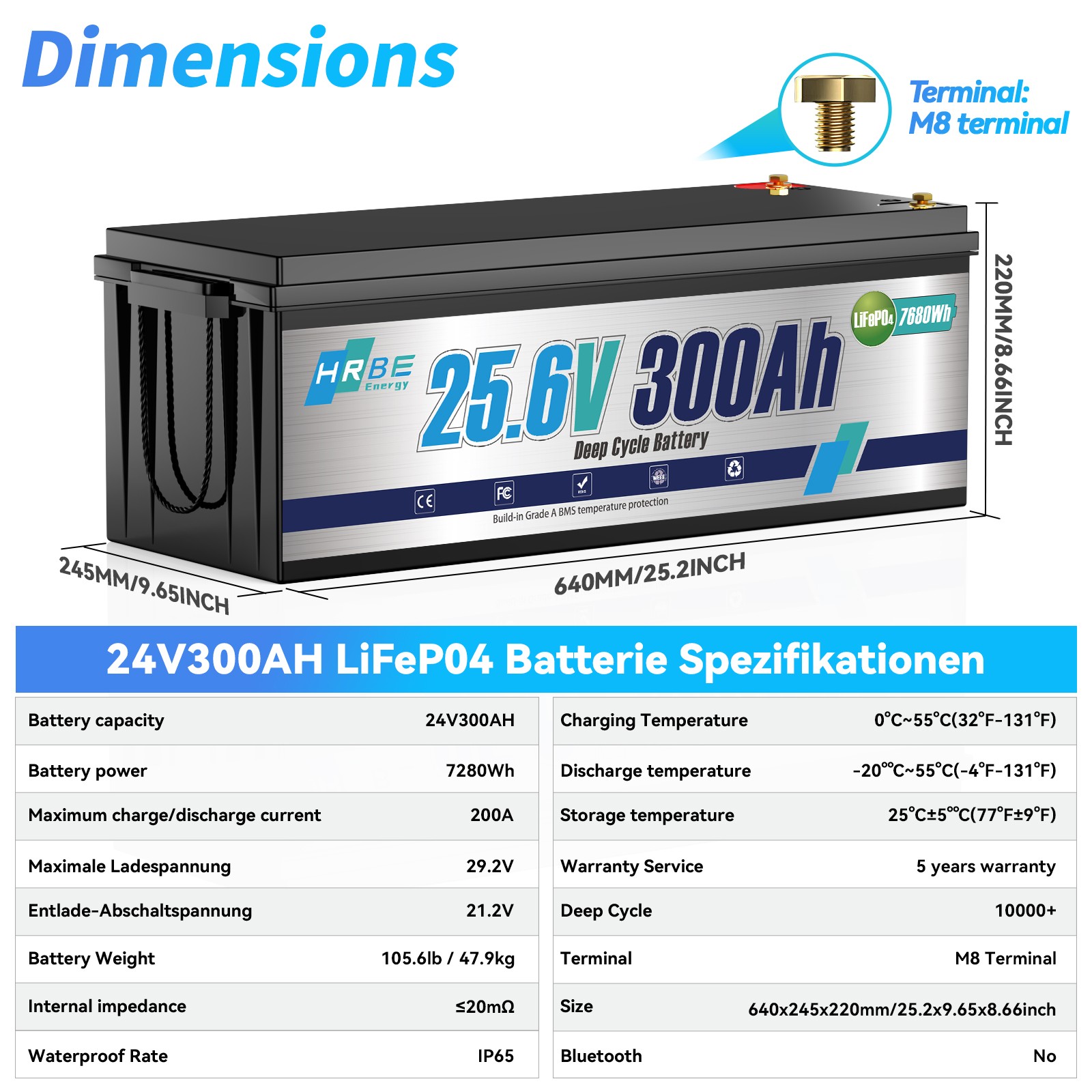 24V 300Ah LiFePO4 Lithium Battery 7.68KW 20000+ Deep Cycle 200A BMS RV Solar