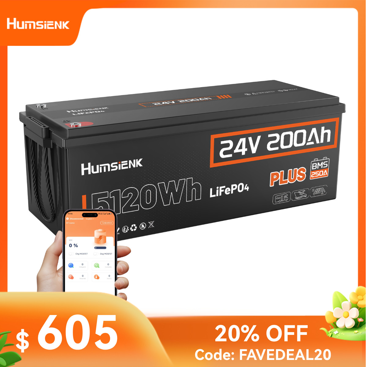 5120Wh 24V 200Ah Plus LiFePO4 Lithium Battery Low-Temp Protection Deep Cycles RV