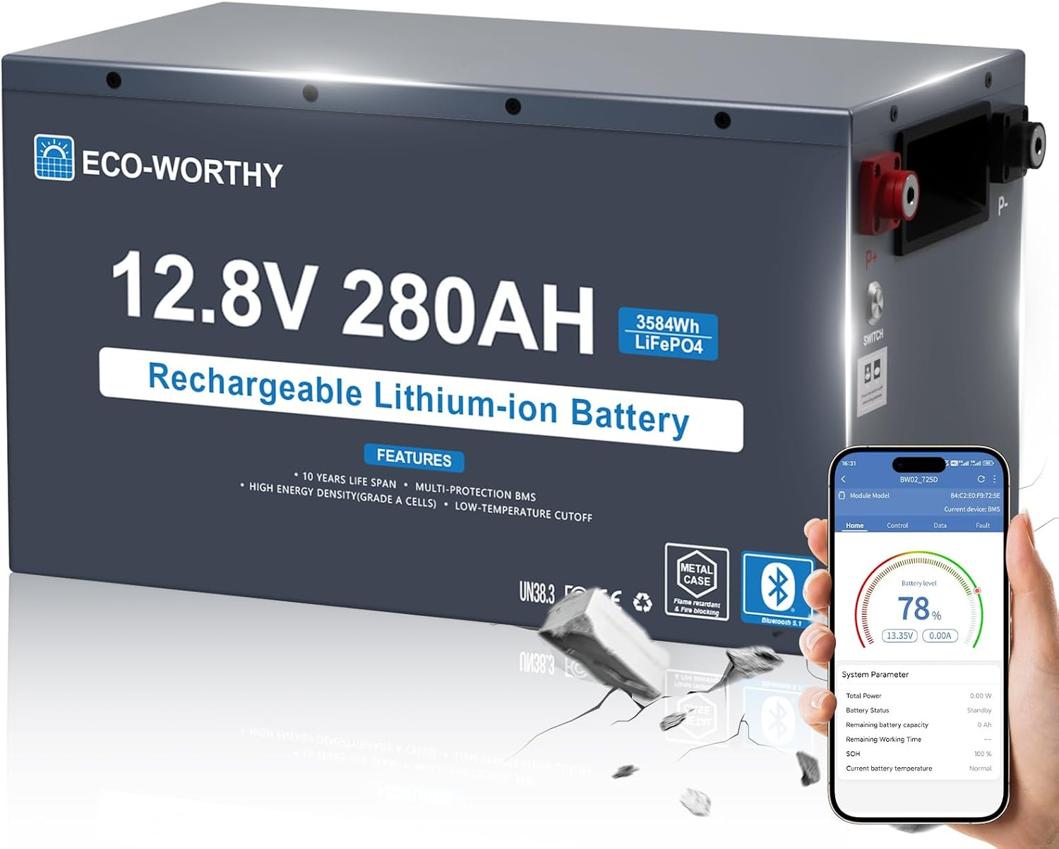 ECO-WORTHY 12V 280Ah Metal Case Lifepo4 Lithium Battery with Bluetooth, Low-Temp