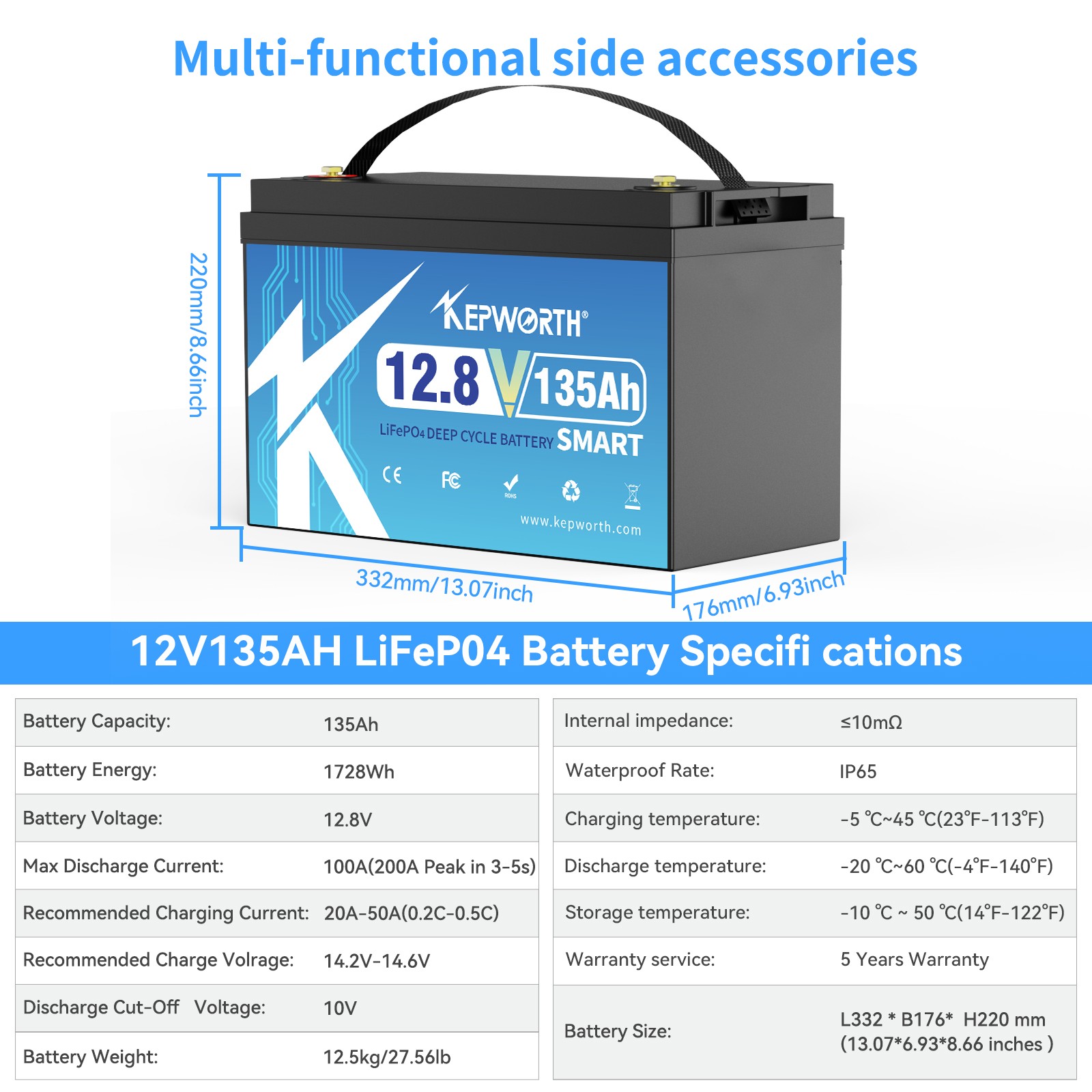 12V 135Ah Lithium LiFePO4 Battery Bluetooth BMS Smart for RV Solar Boat Off-grid