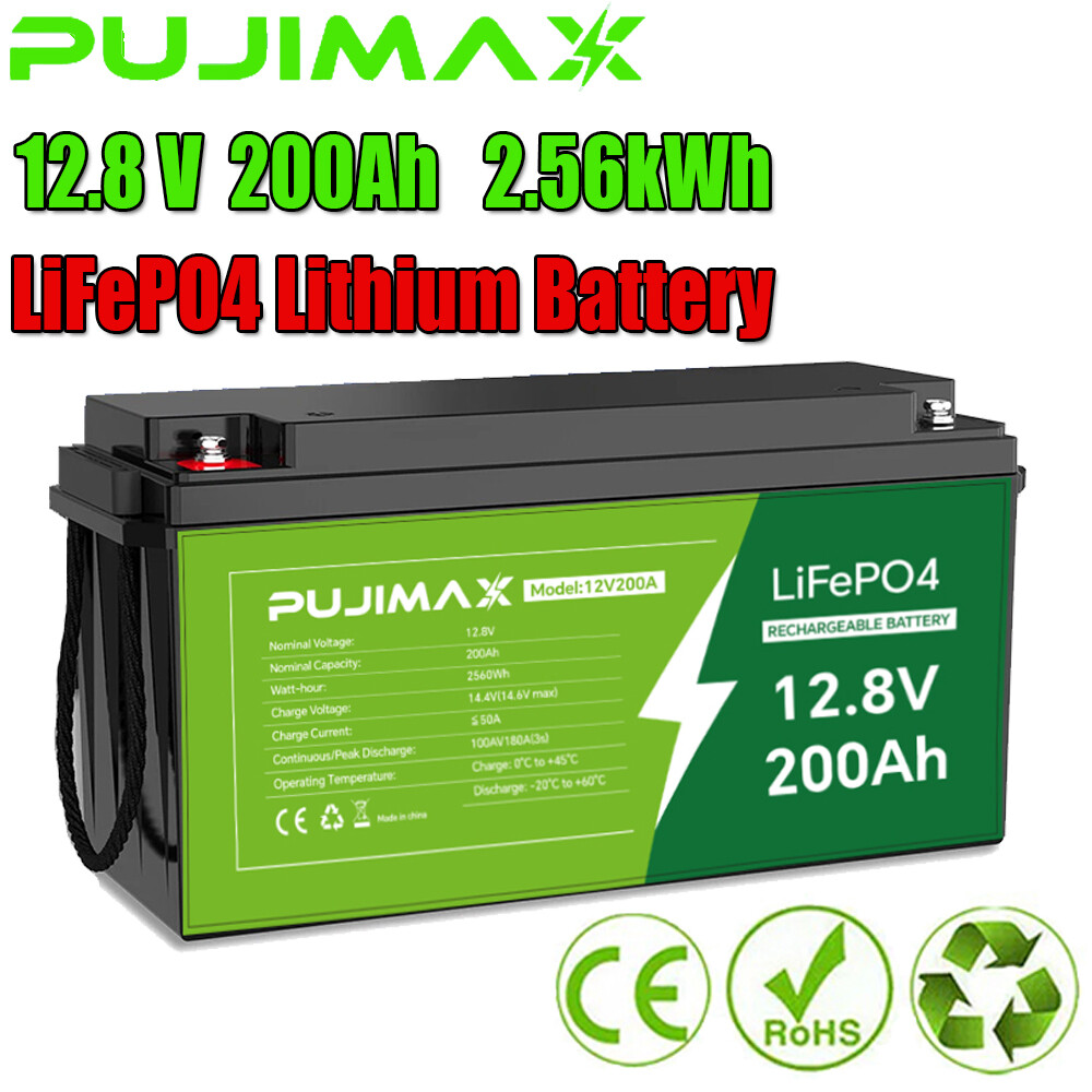 12.8V 200Ah LiFePO4 Lithium Battery 2.56kWh 15000+ Deep Cycles Built-in BMS