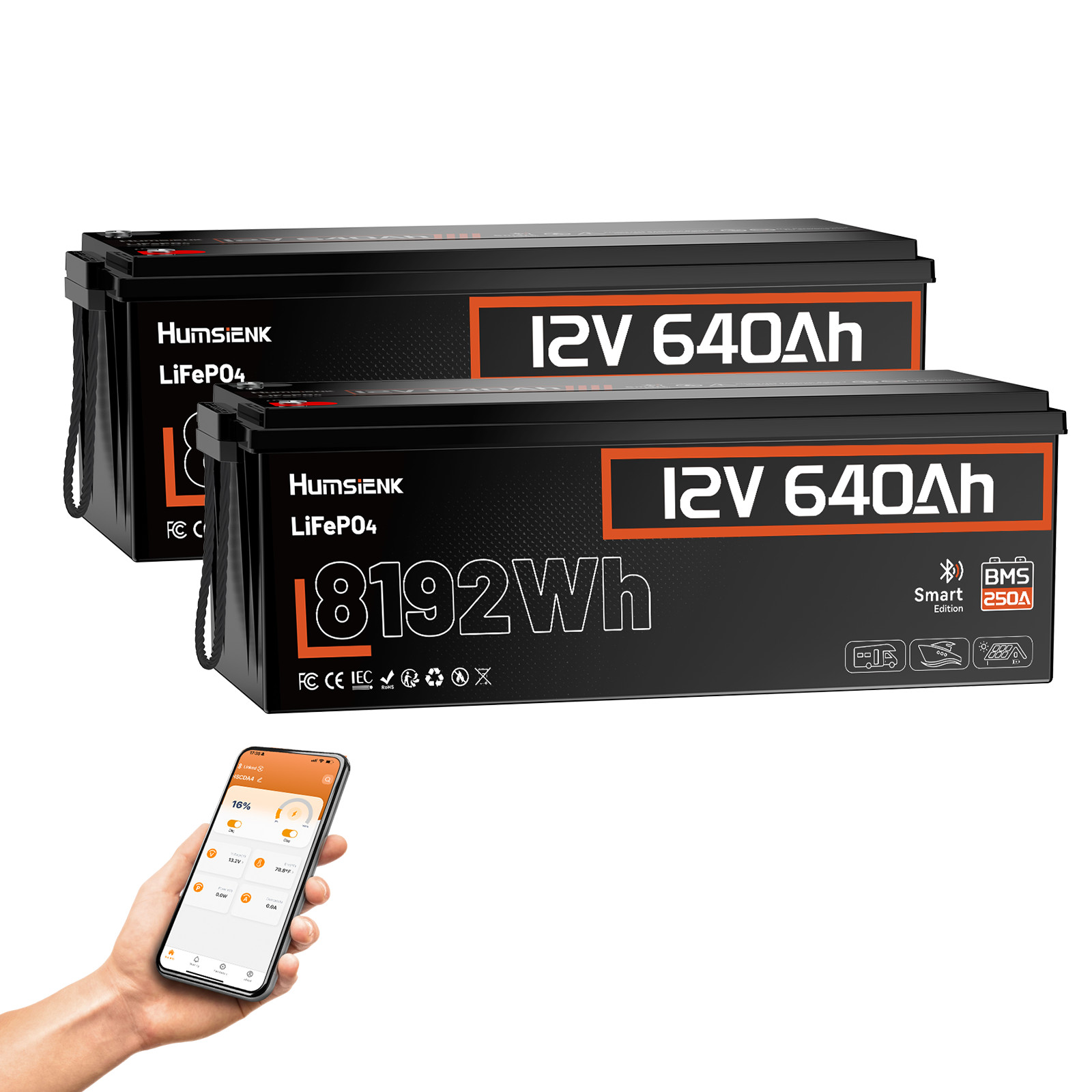 12V 640Ah LiFePO4 Lithium Battery 8.19KWh 250A BMS Solar Off Grid Marine 2 Pack