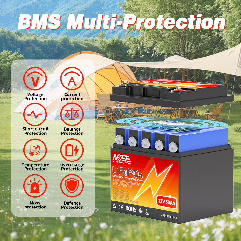 MOSEWORTH 12V 50Ah LiFePO4 Deep Cycle Lithium Battery 50A BMS for Marine Solar