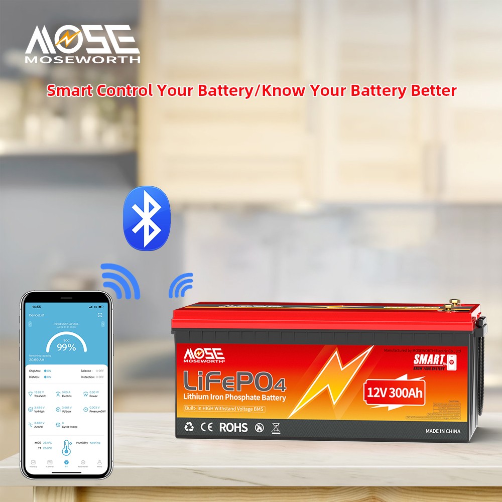 MOSEWORTH 12V 300Ah LiFePO4 Lithium Battery 200A BMS Bluetooth Trolling RV Solar