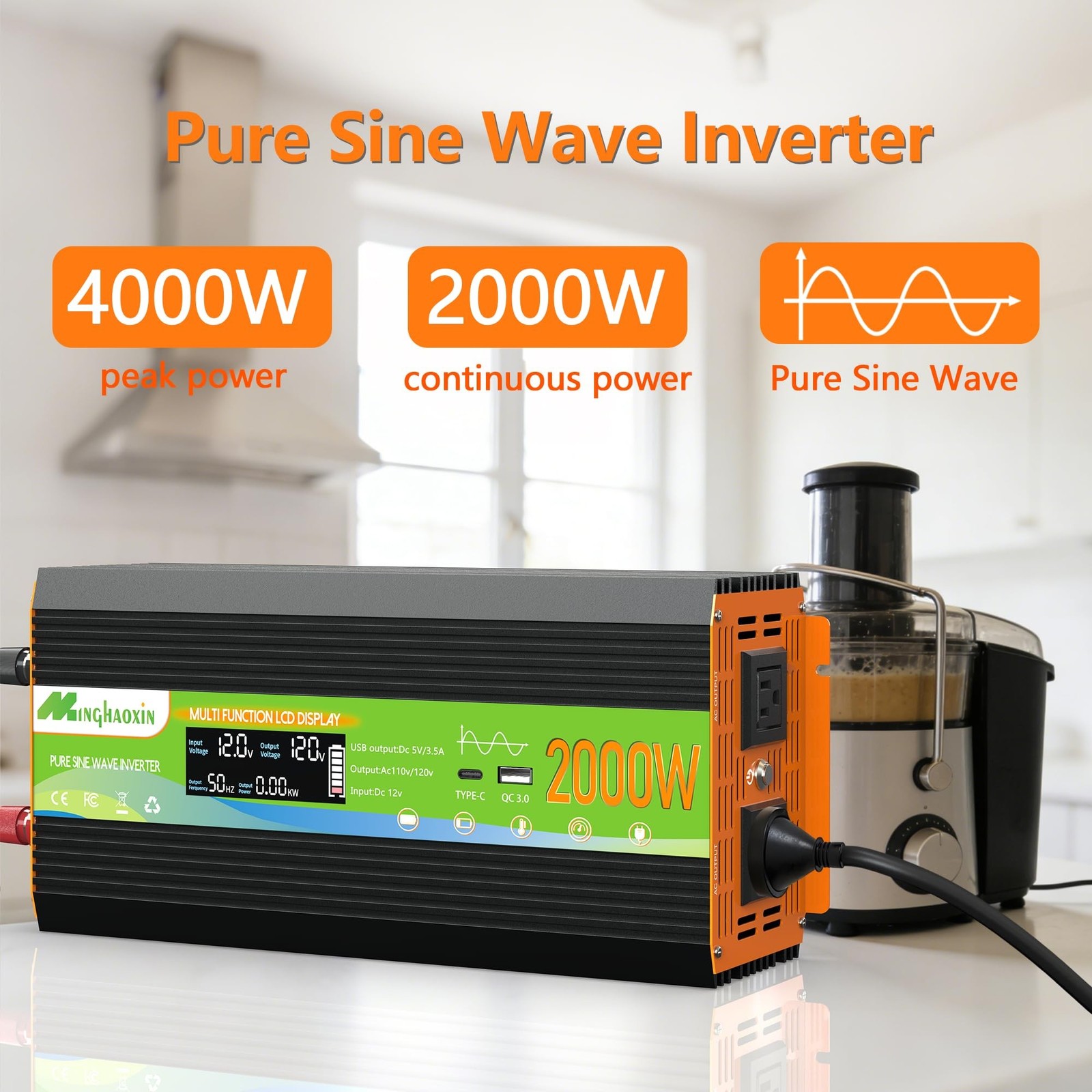 2000W Pure Sine Wave Inverter 12V DC to 120V AC Power Inverter | for RV, Home…