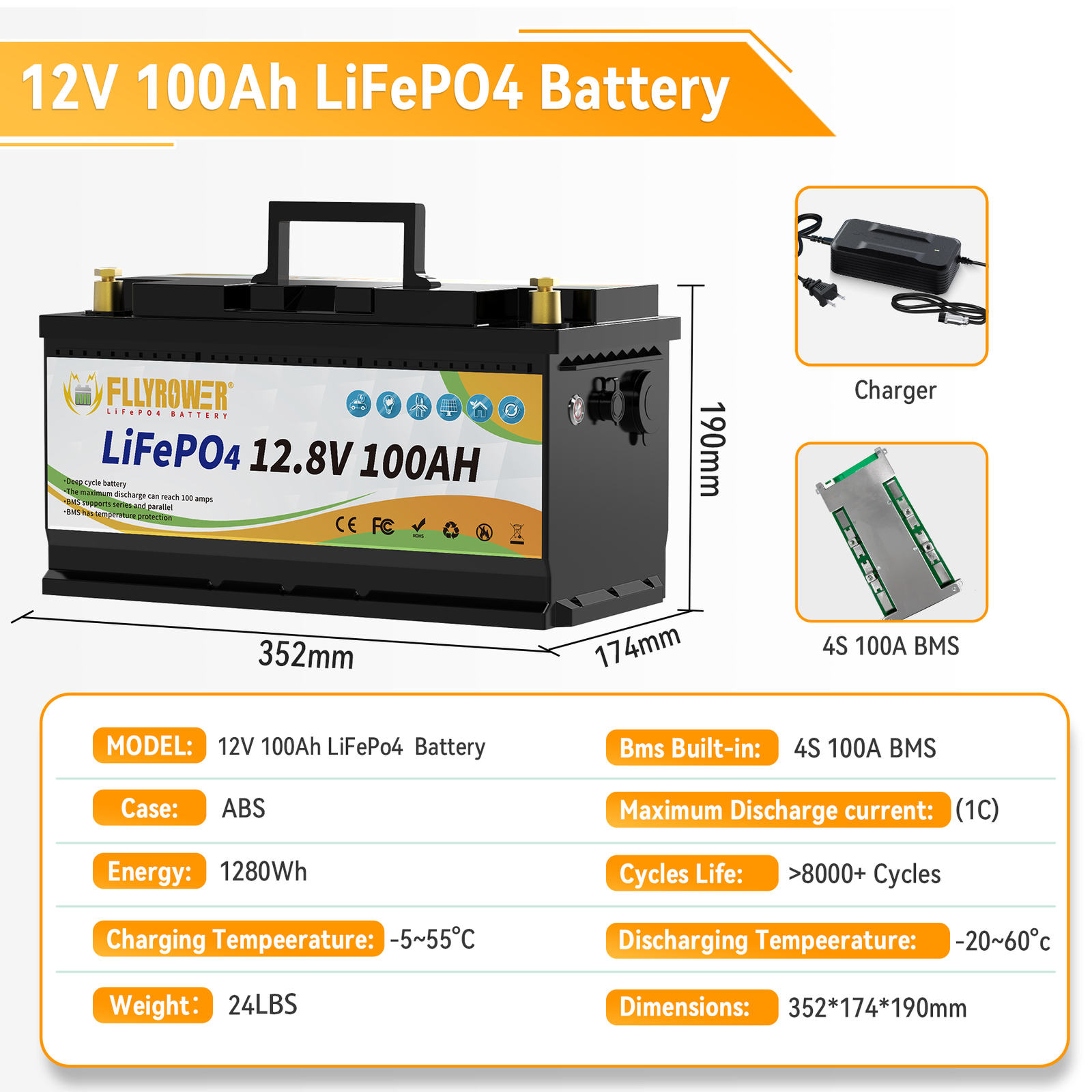 12V 100Ah LiFePO4 Lithium Battery 100A BMS Solar Deep Cycle Off-grid RV Camper
