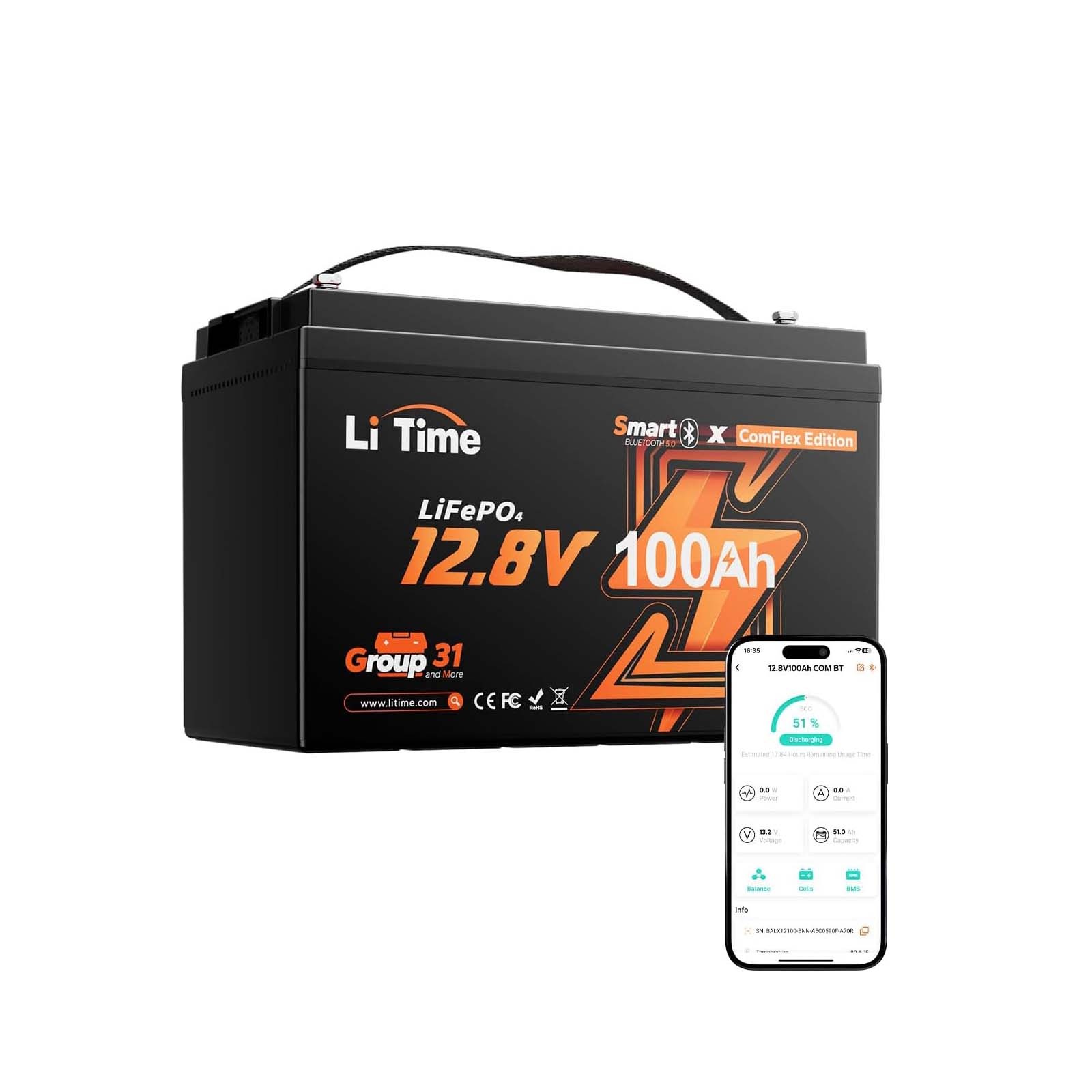 LiTime 12V 100Ah ComFlex Smart LiFePO4 Battery Group31 Compatible with Victron