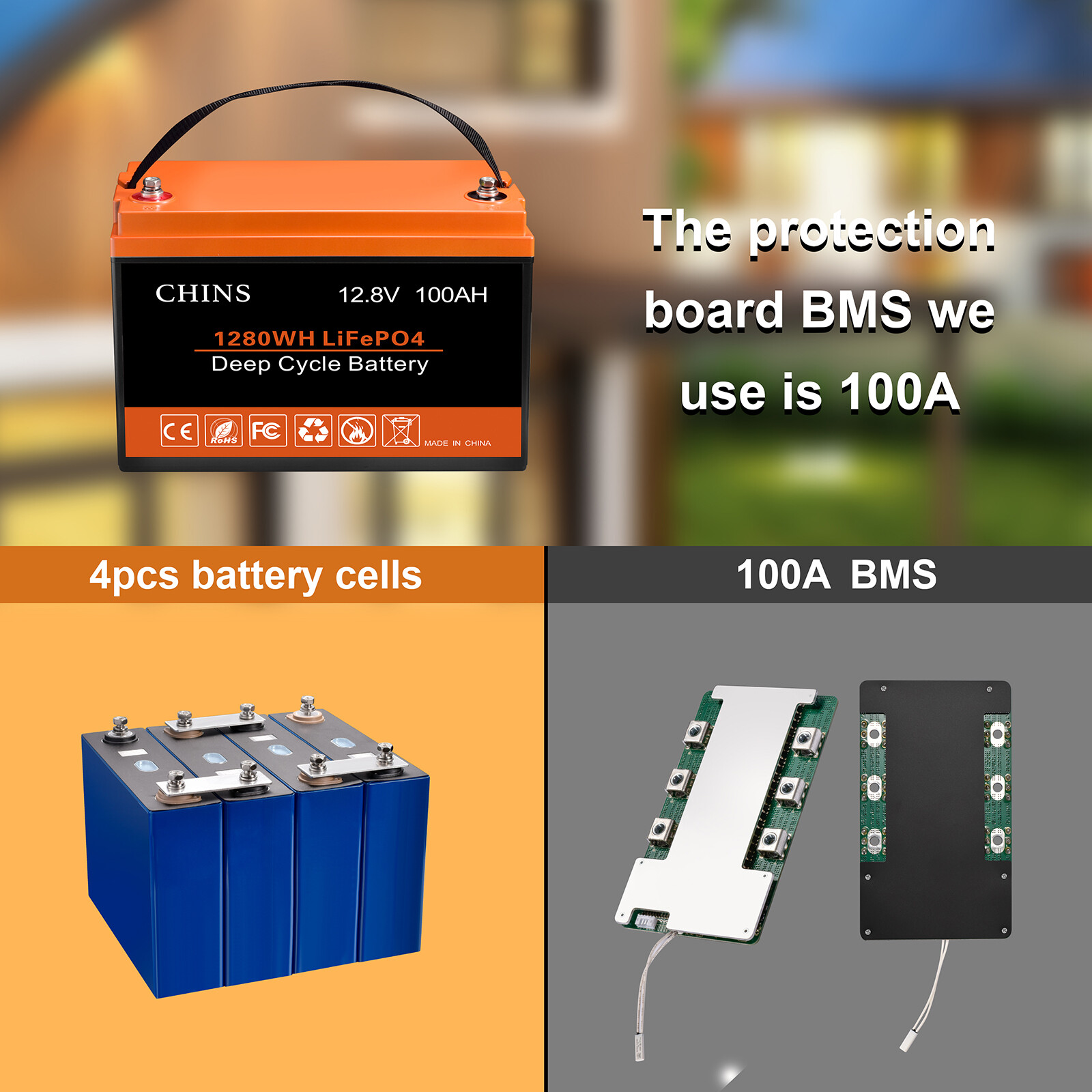 CHINS 100AH 12V Deep Cycle LiFePO4 Lithium Battery for RV Solar System Home BMS