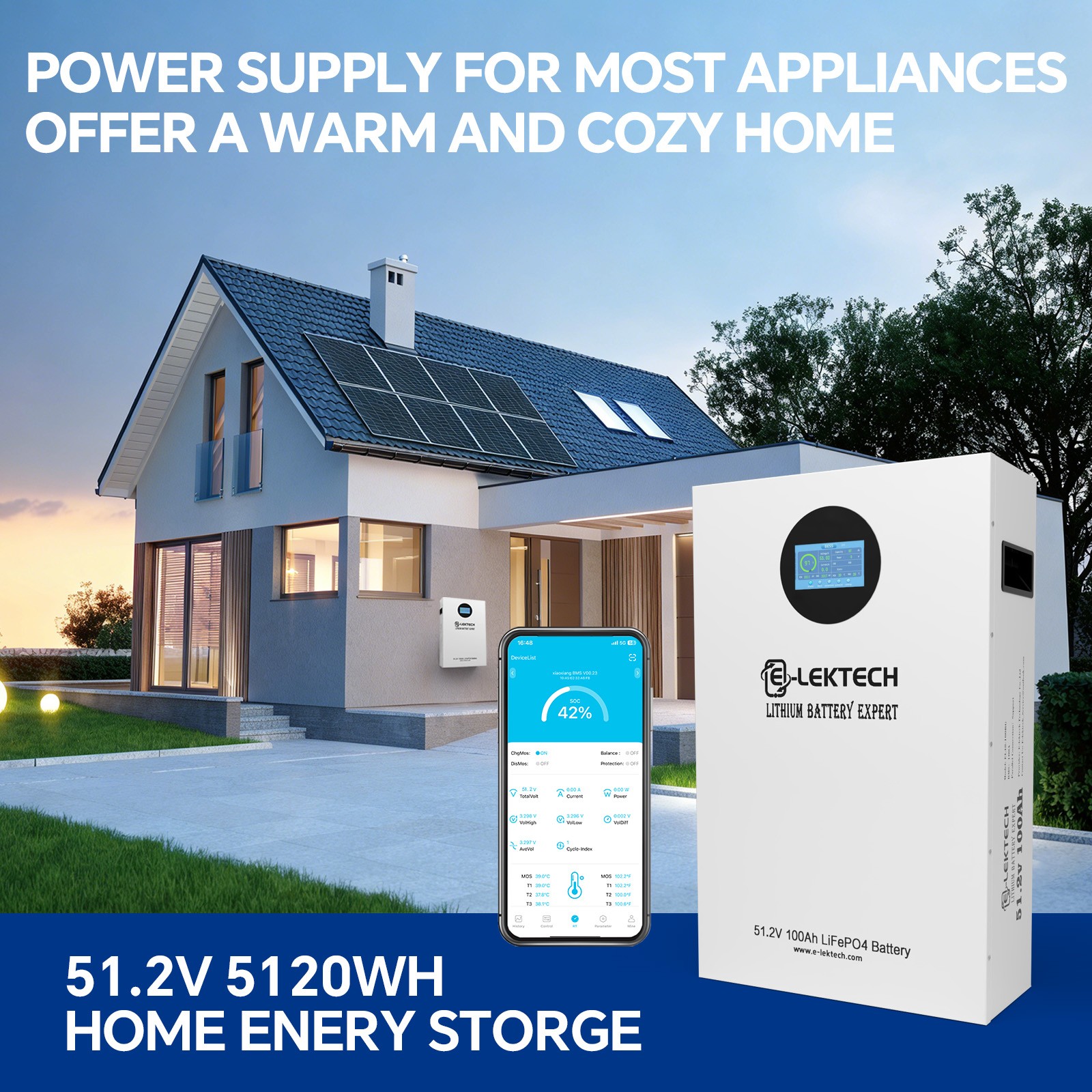 48V 100Ah LiFePO4 Lithium Wall Mounted Battery 5120Wh 100A BMS Solar Home Backup