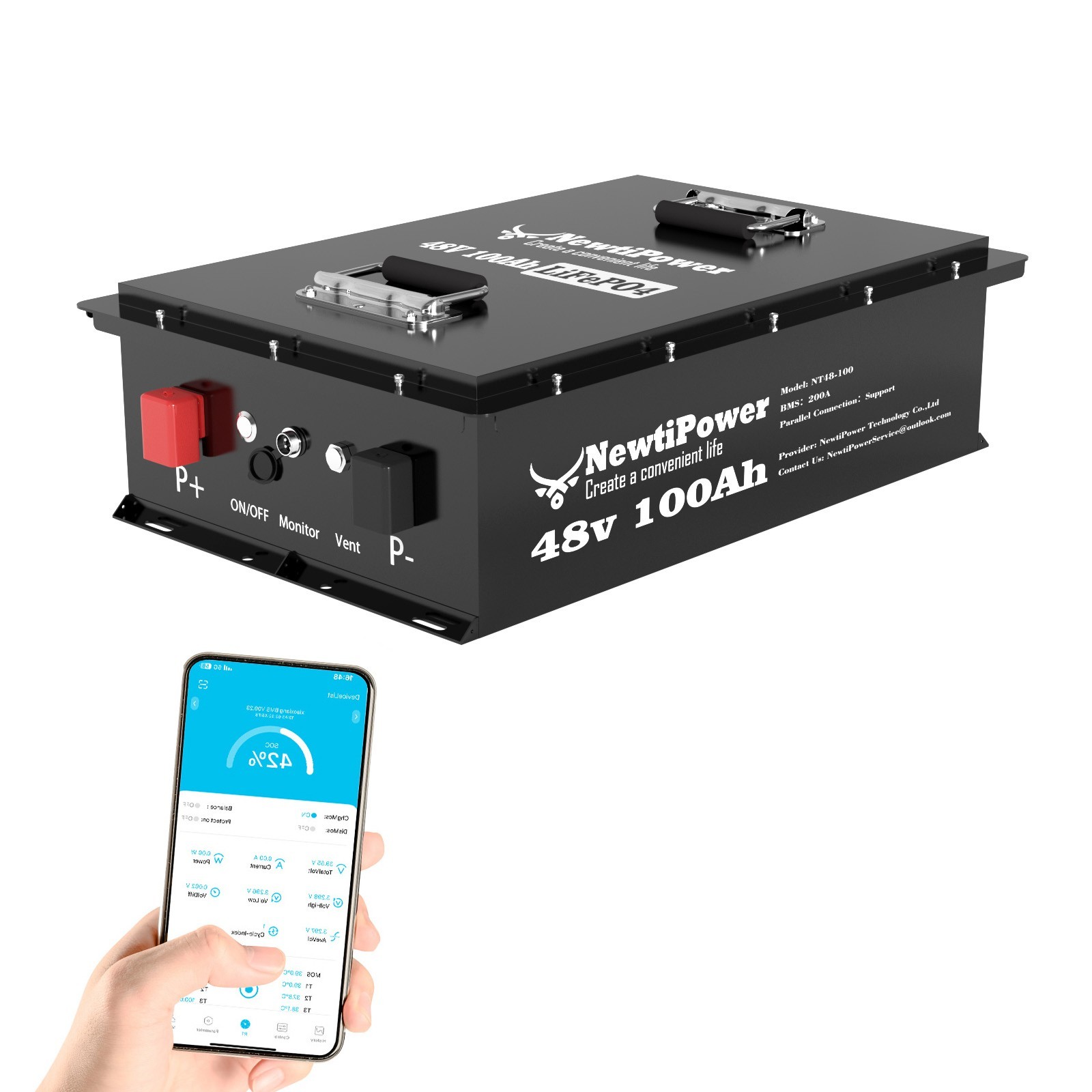 NewtiPower 48V 100Ah Golf Cart LiFePO4 Lithium Battery Metal Case 200A BMS Solar