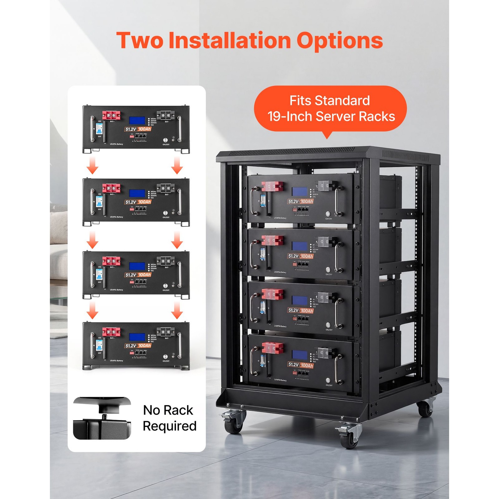 48V 100Ah LiFePO4 Lithium Battery, Built – in 100A BMS, 51.2V Server Rack