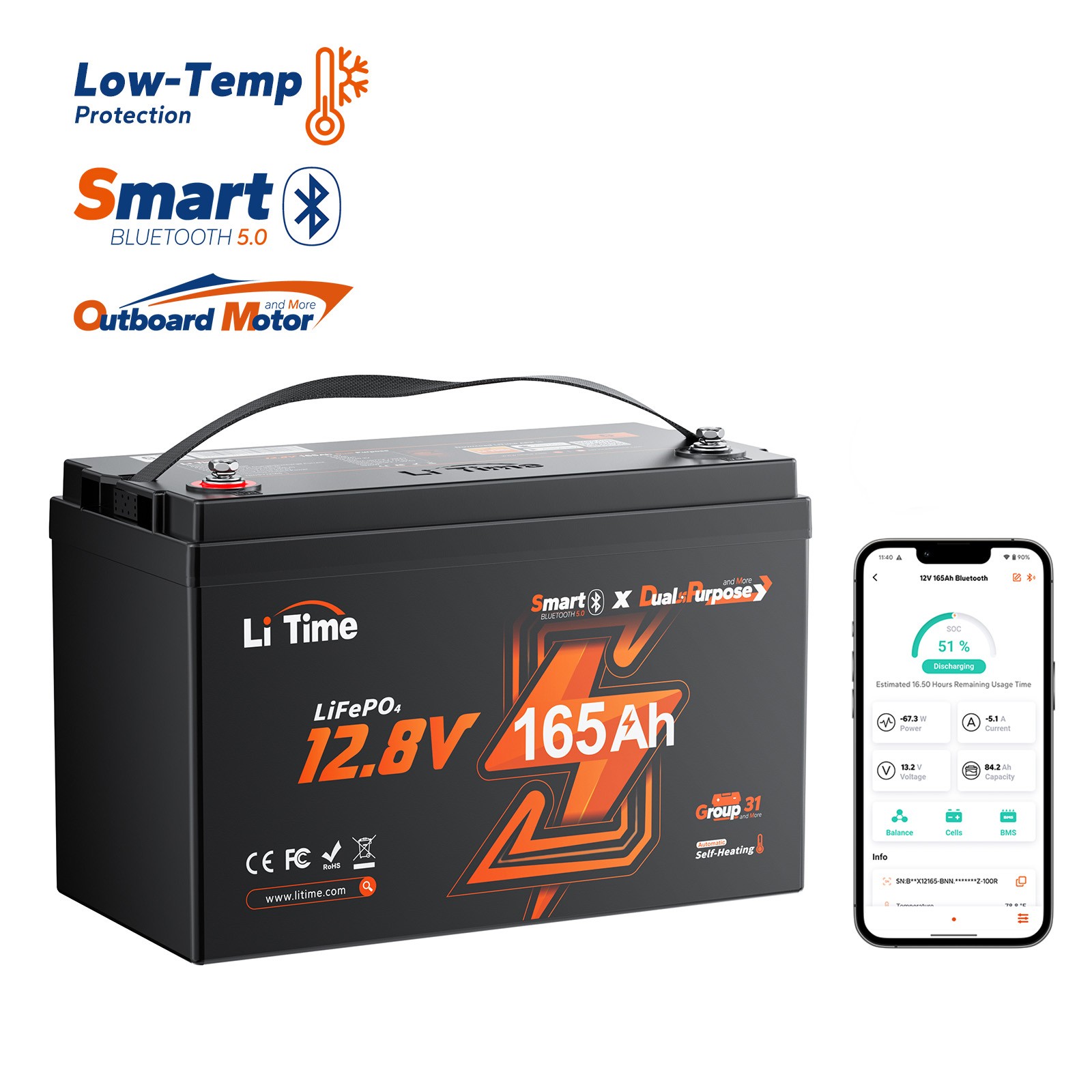 LiTime 12V 165Ah Dual Purpose Marine Lithium Battery 1200 CCA with Bluetooth