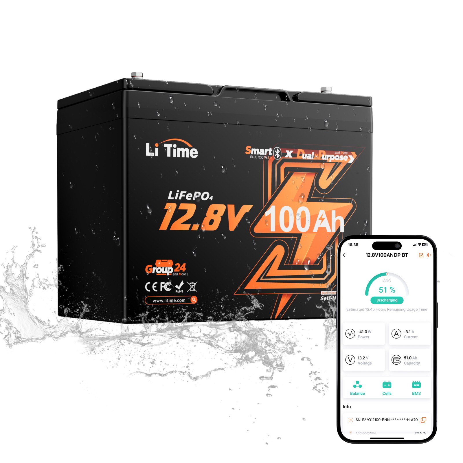 LiTime 12V 100Ah Dual Use Group 24 Smart Marine Starting LiFePO4 Battery 900 CCA