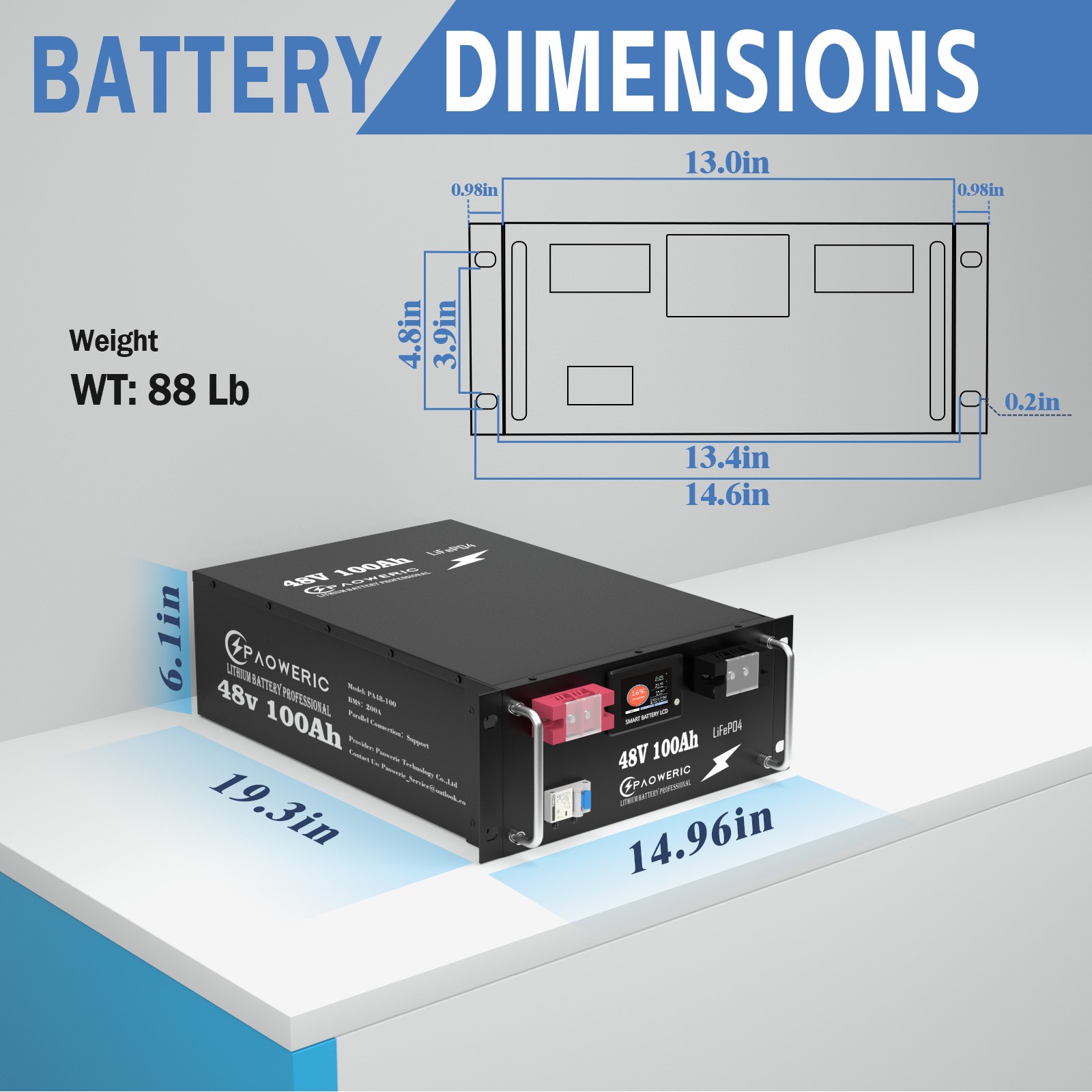 Paoweric 48V 100Ah LiFePO4 Battery Server Rack Solar 200A BMS