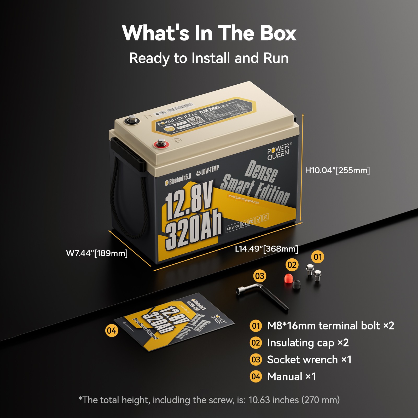 Power Queen New 12V 320Ah Bluetooth LiFePO4 Mini Battery 2560Wh For RV Trailer