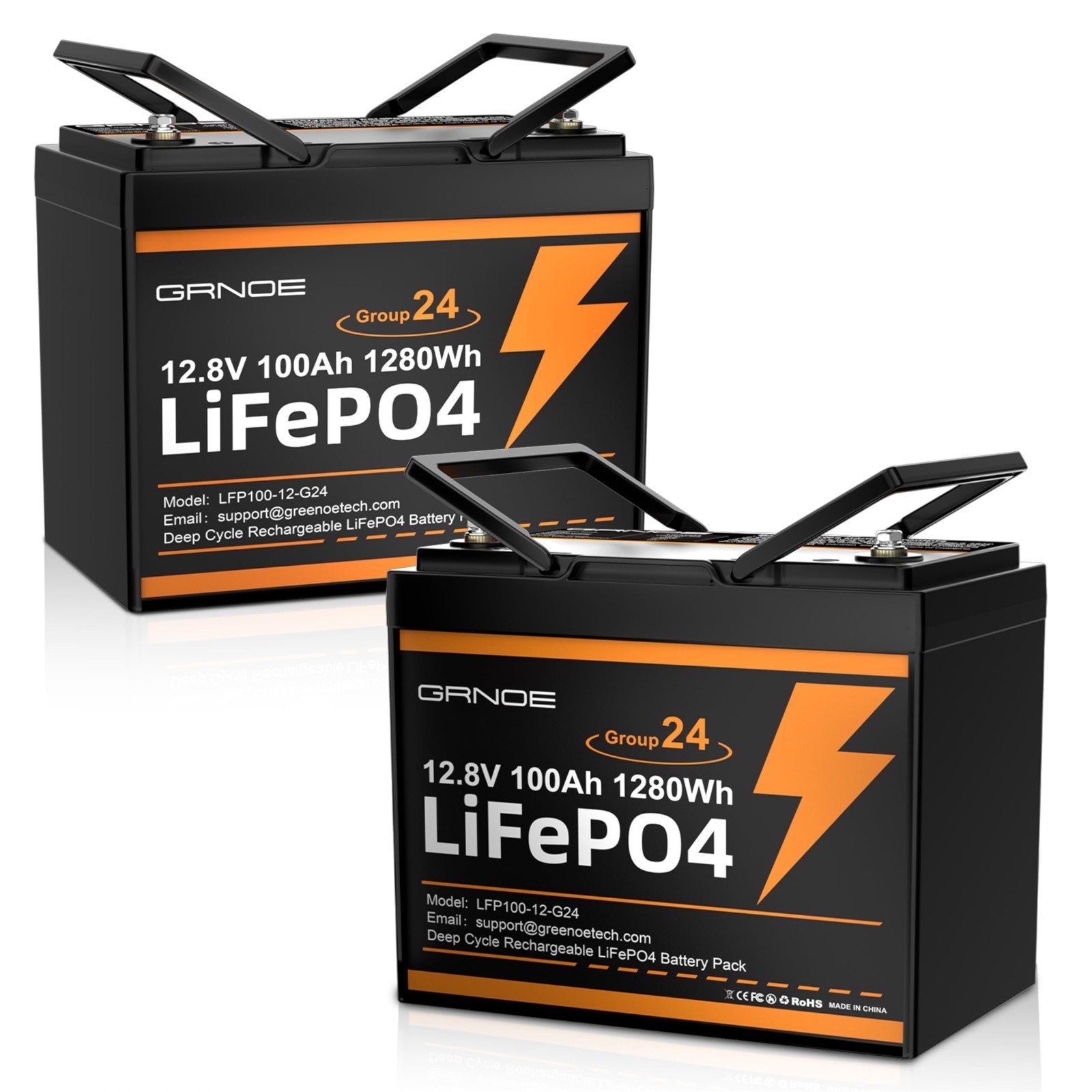 GreenOE 2pack 12V 100Ah 1280Wh LiFePO4 Battery Group 24 With Built-in 100A BMS