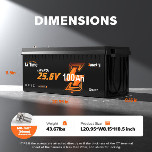 Litime 24V 100Ah Bluetooth 5.0 Low Temp LiFePO4 Lithium Battery For Off-grid RV