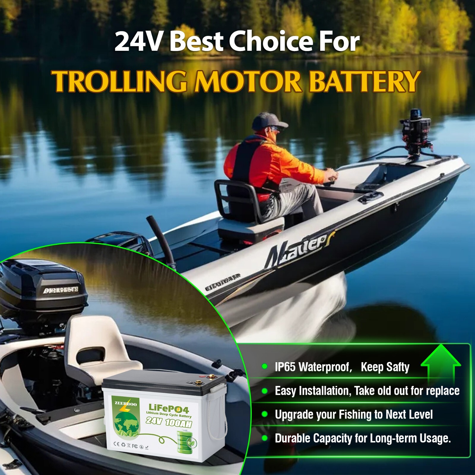 24V 100Ah LiFePO4 Lithium Battery 100A BMS 2560Wh for Off-grid Solar Marine RV