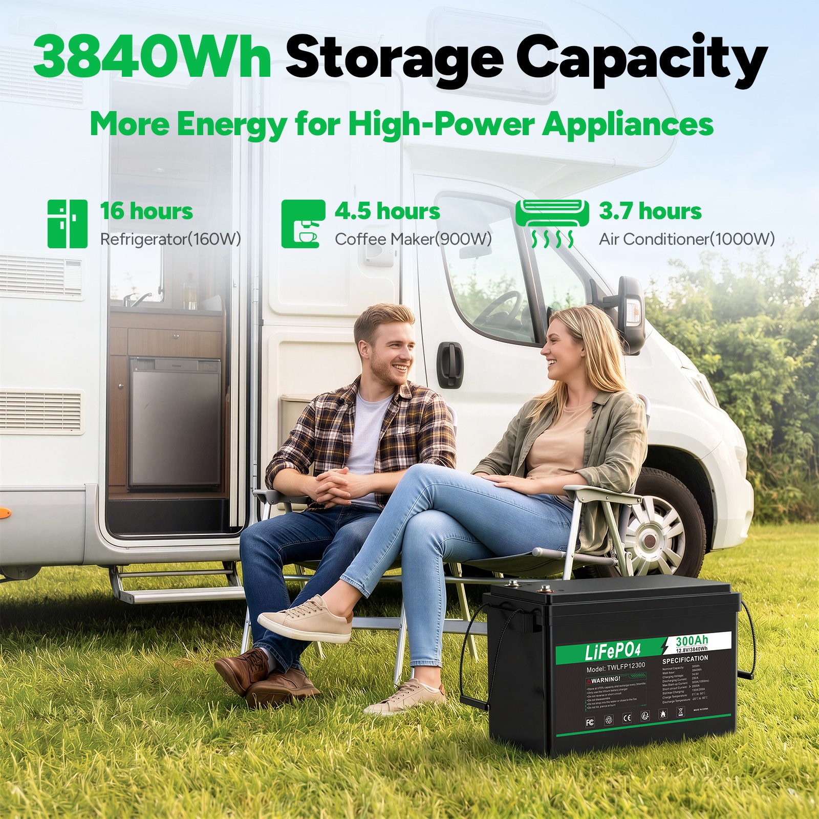 12V 300Ah LiFePO4 Lithium Battery BMS 3000+ Deep Cycles for RV Solar Marine