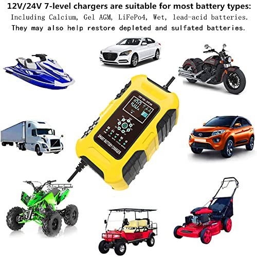 12V/24V 10-Amp Car Battery Quick Charger for Wet/GEL/SLA/LiFePO4/Lead-Acid/AGM