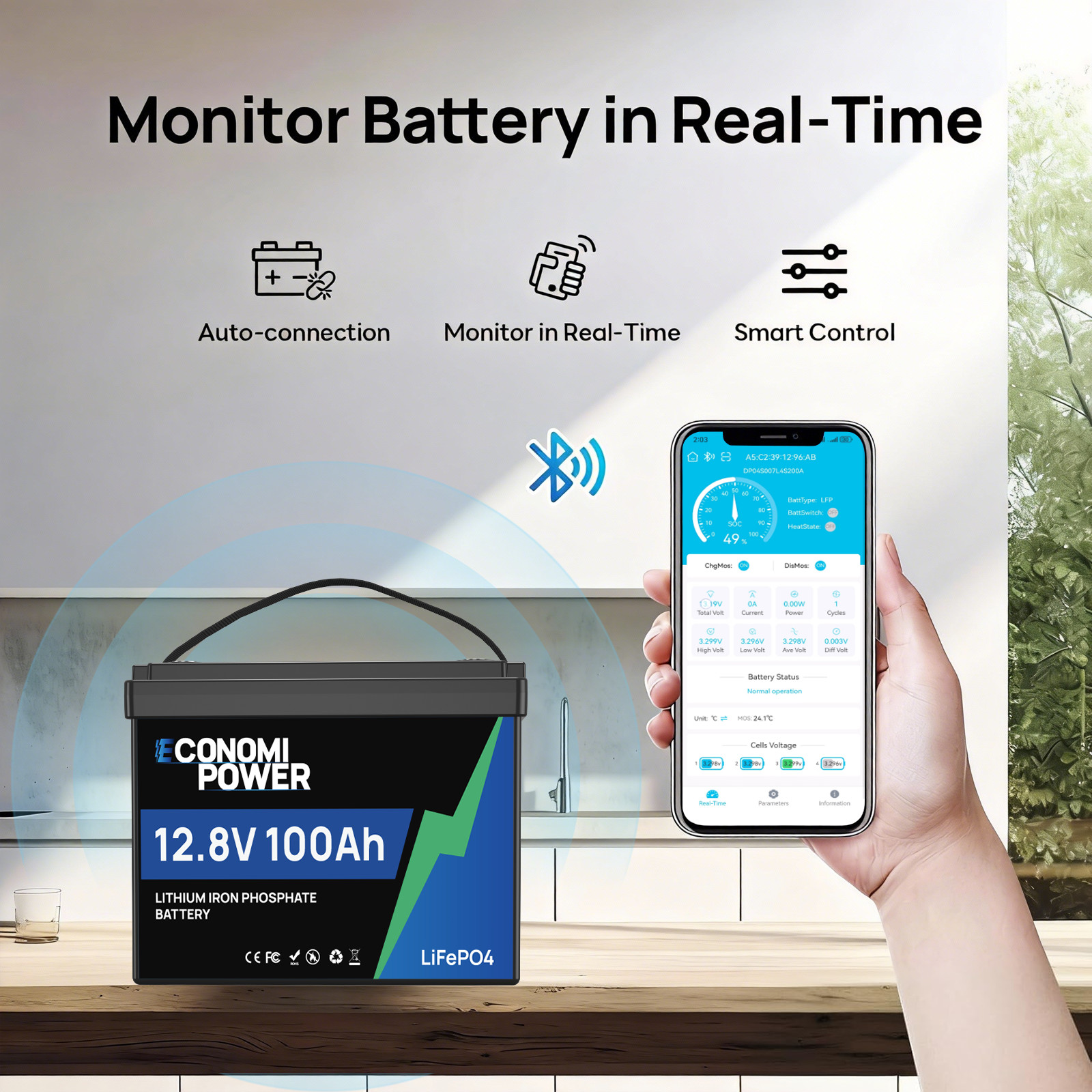 12V 100Ah LiFePO4 Battery Bluetooth Deep Cycle BMS For RV Solar Marine Off-Grid