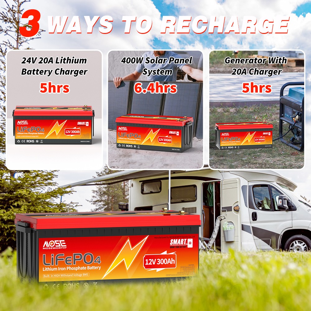 MOSEWORTH 12V 300Ah LiFePO4 Lithium Battery 200A BMS Bluetooth Trolling RV Solar