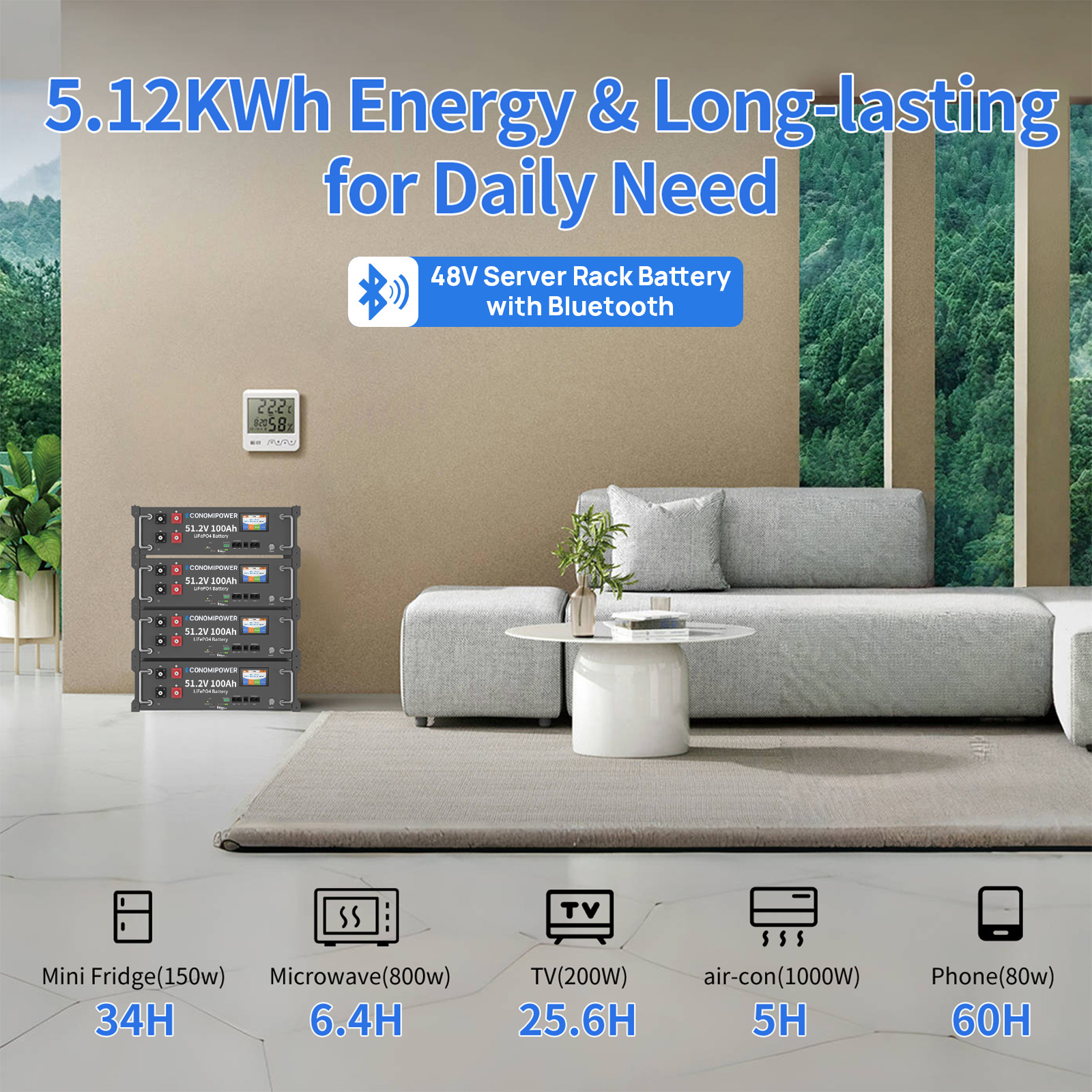 48V/51.2V 100Ah Rack Mount LiFePO4 Battery 100A BMS Bluetooth Solar Home Storage