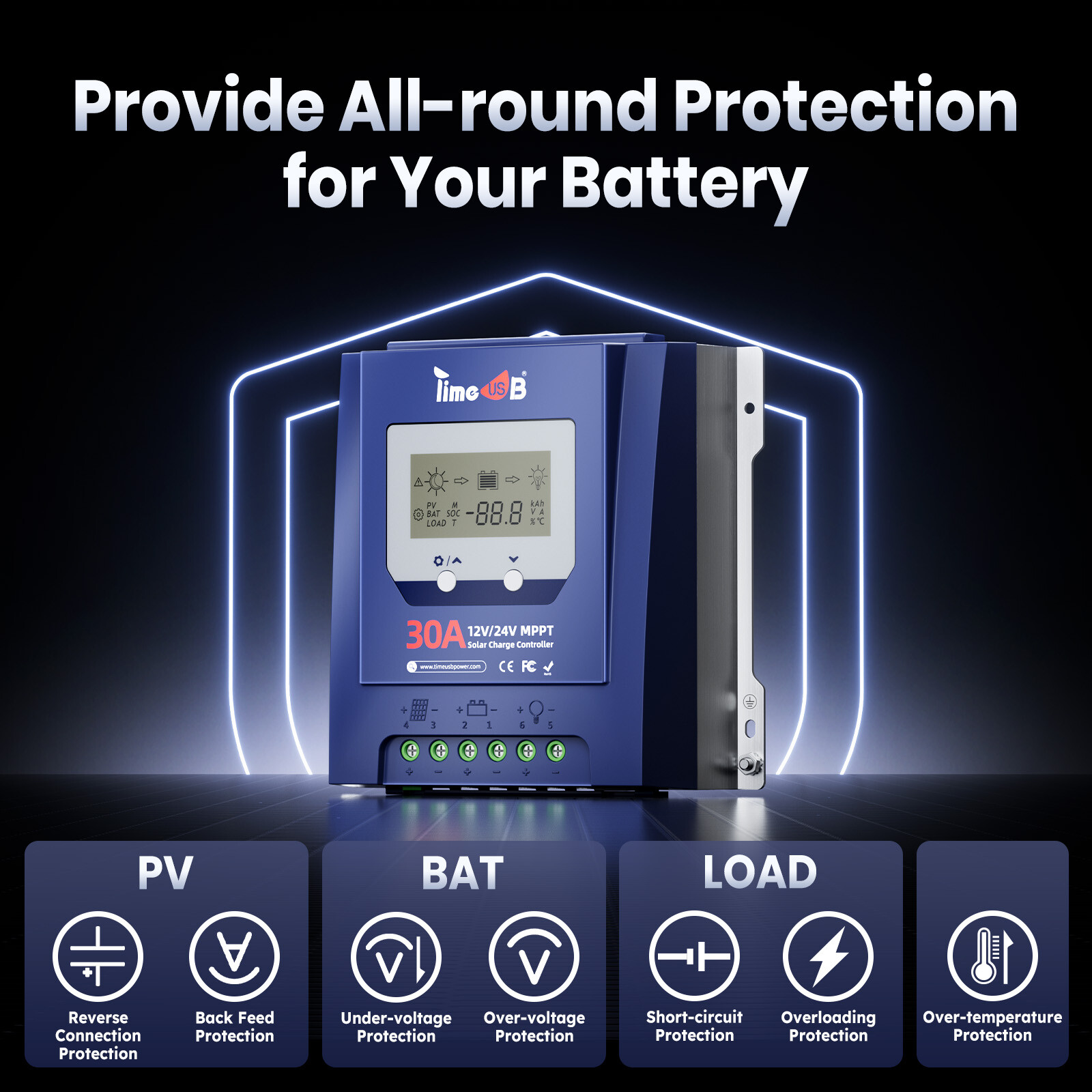 Timeusb 30 Amp MPPT 12V/24V Auto DC Input Solar Charge Controller & LCD Screen