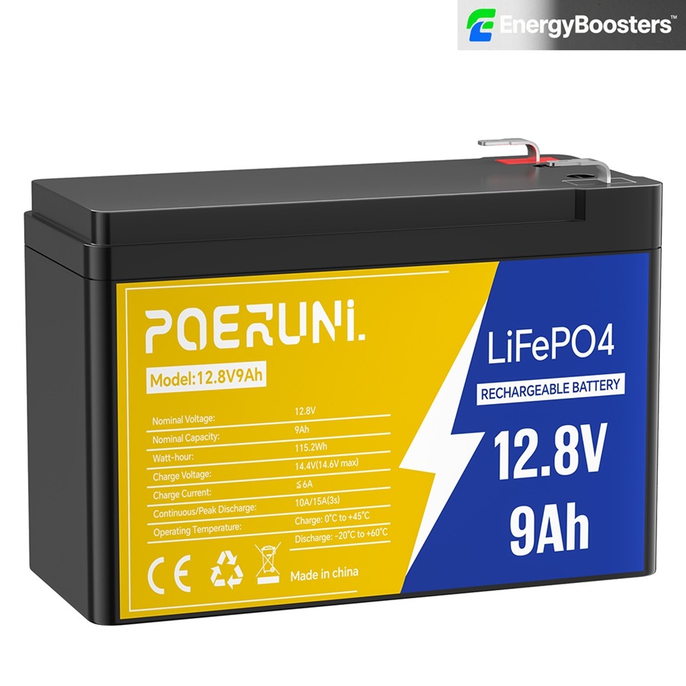 POERUNI 12V 9Ah LiFePO4 Battery 2000 Deep Cycle Lithium Battery BMS for Solar
