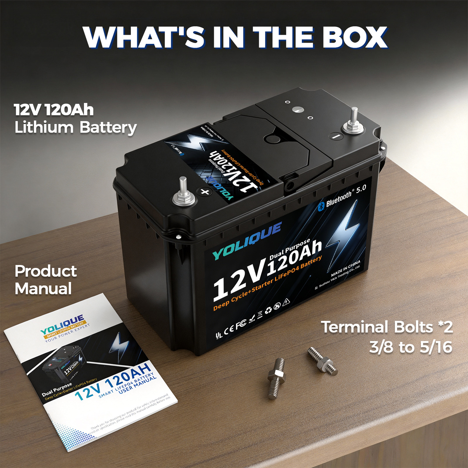 YOLIQUE 12V 120Ah LiFePO4 Marine Starter & Storage Battery, 1536Wh Group 31