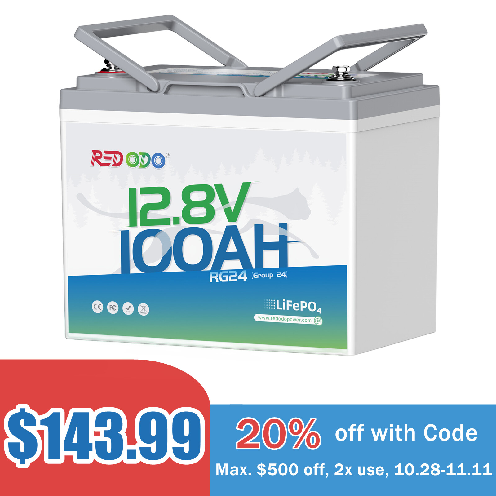 Redodo 12V 100Ah LiFePO4 Battery Group 24 Lithium Battery for RV, Trolling Motor