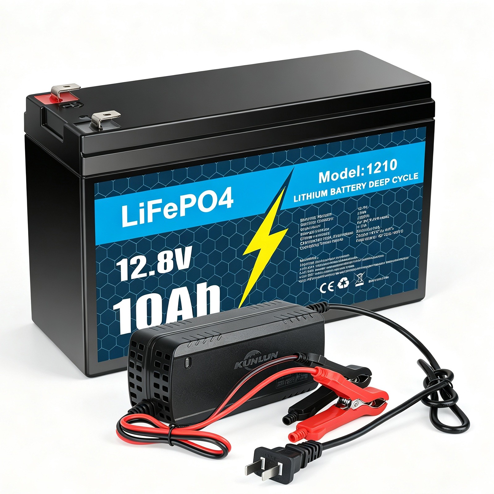 12V 10Ah LiFePO4 Lithium Battery with Charger, Deep Cycle, for UPS, Fish Finder