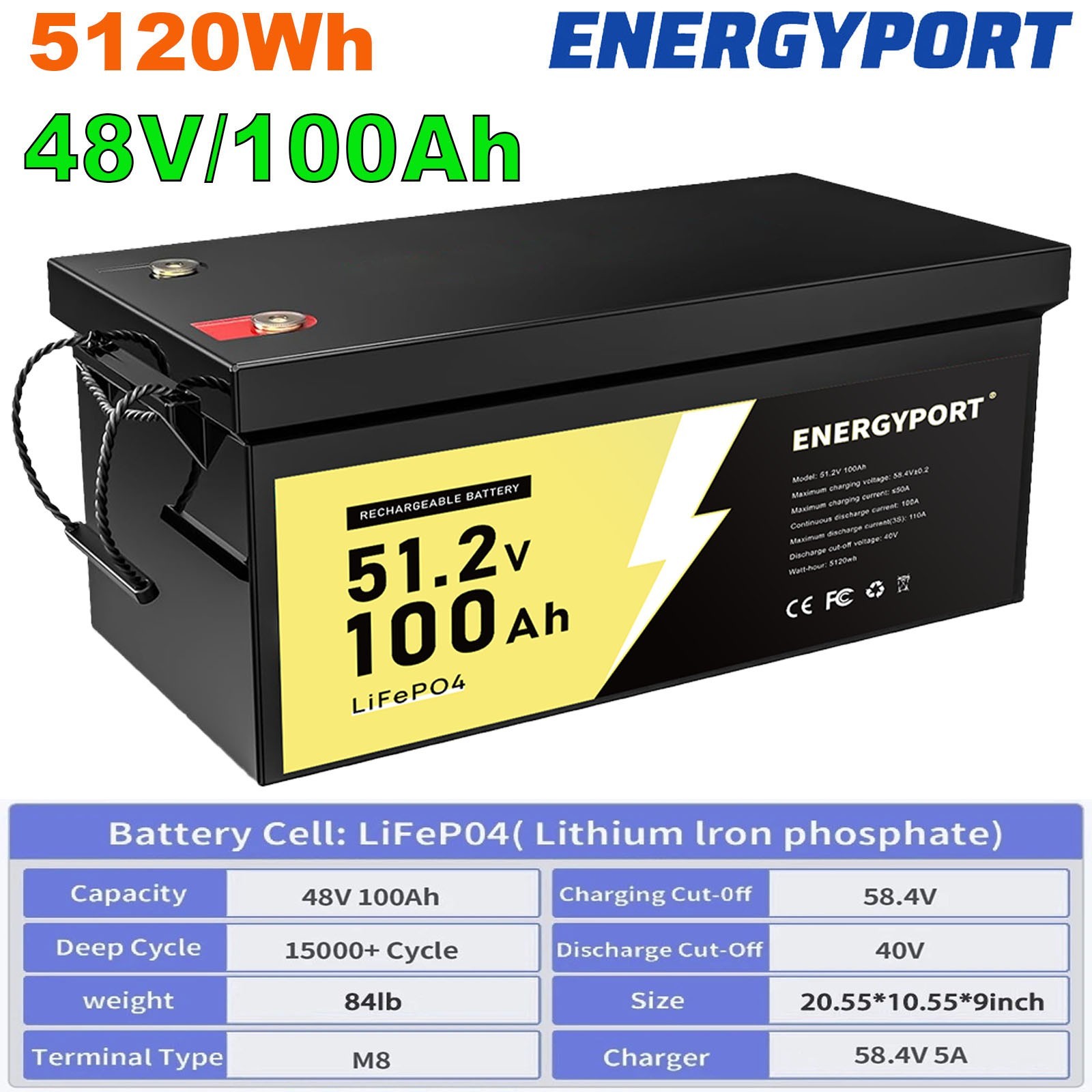 48V 100Ah LiFePO4 Lithium Battery 5120Wh Built-in BMS Deep Cycles For Golf Cart